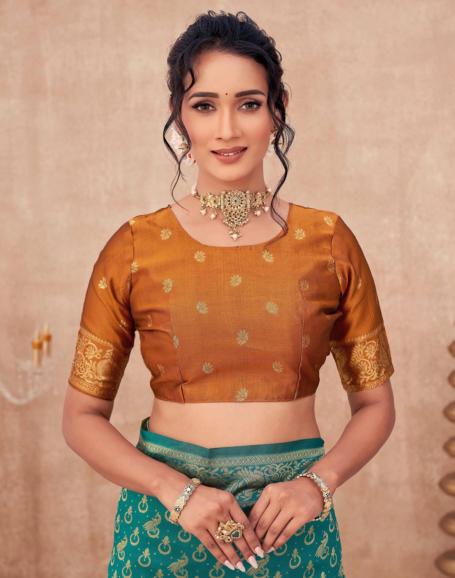 Teal Green Shimmer Silk Woven Banarasi Saree - Image 7