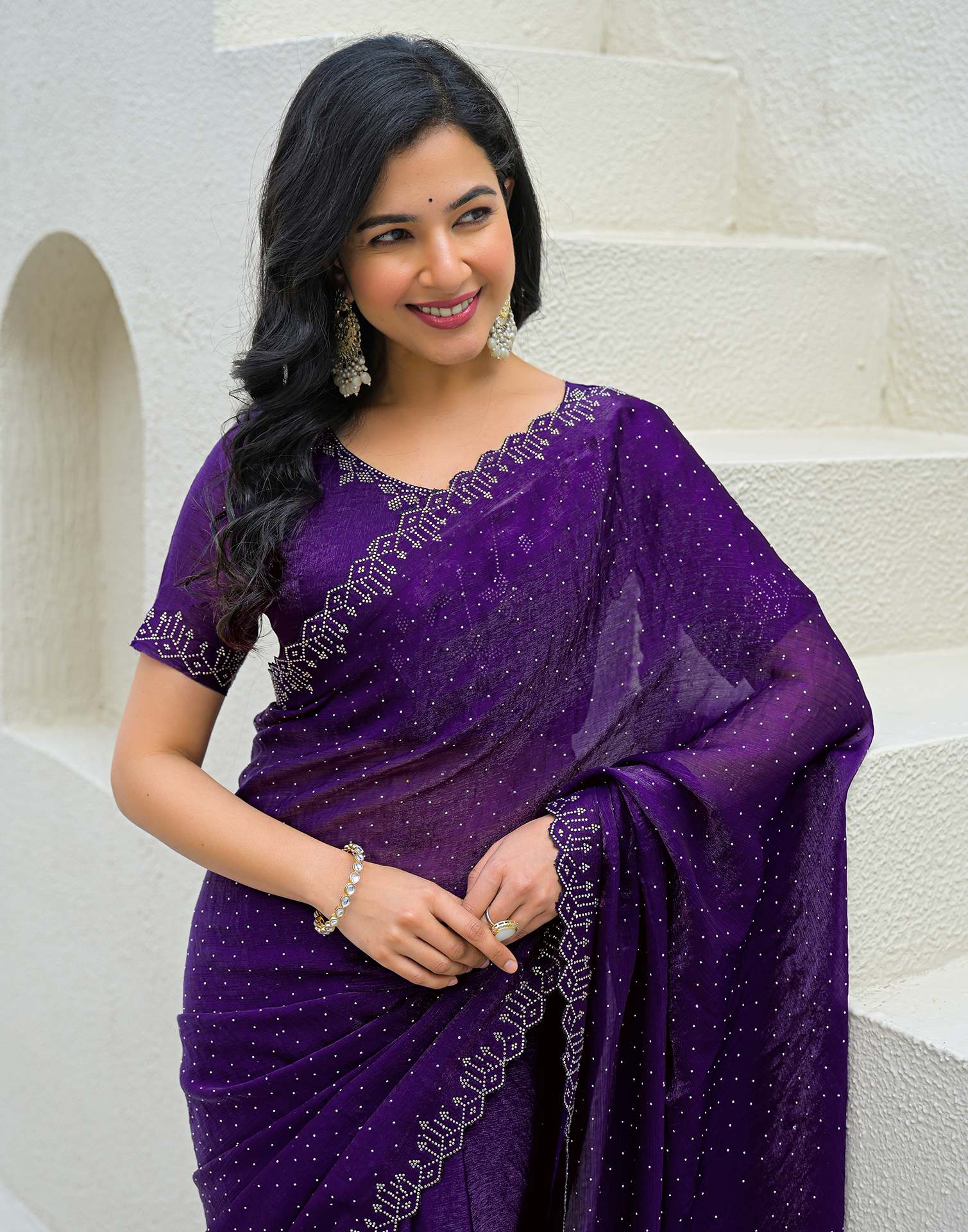 Dark Purple Shimmer Stone Work Swarovski Saree