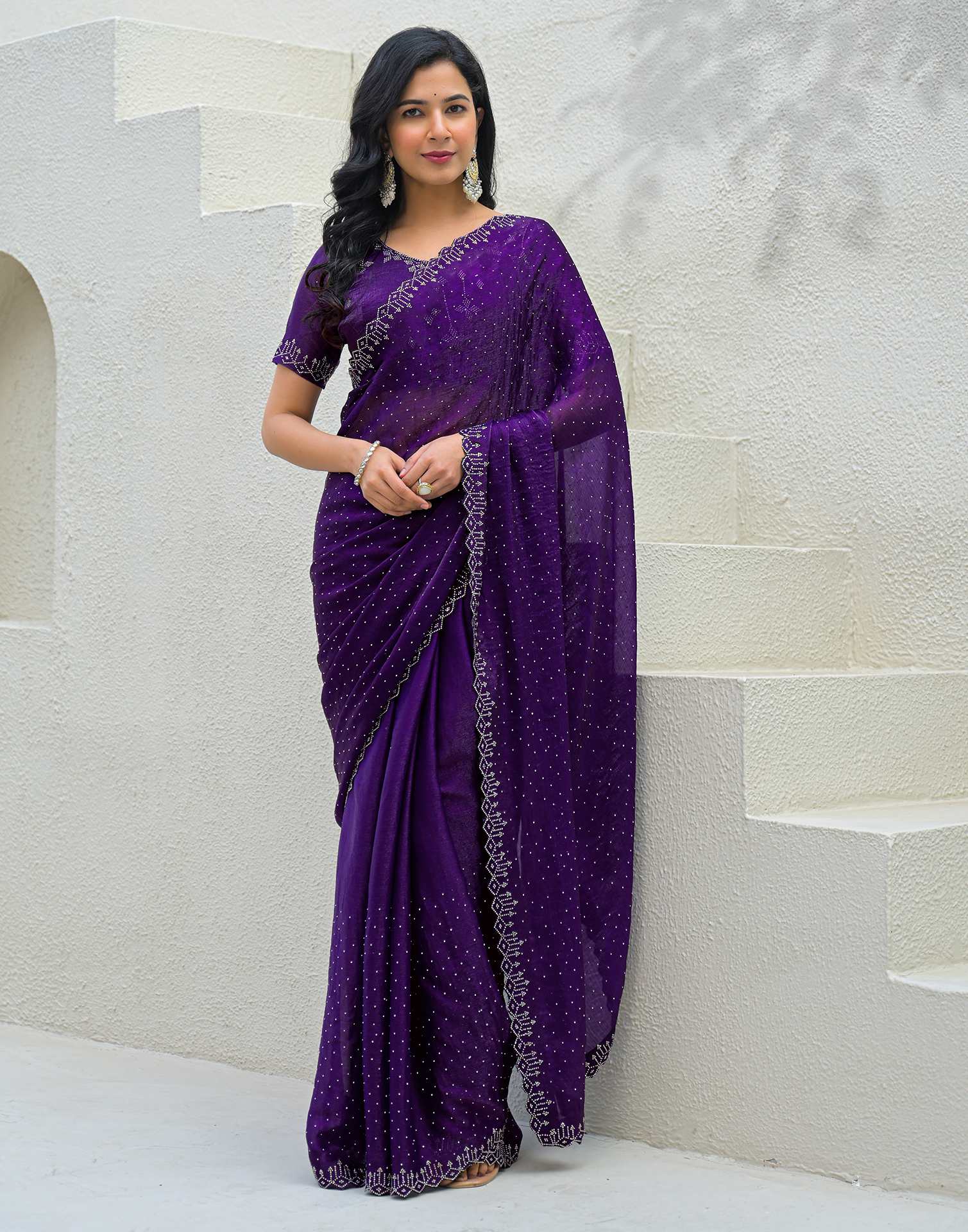 Dark Purple Shimmer Stone Work Swarovski Saree - Image 2
