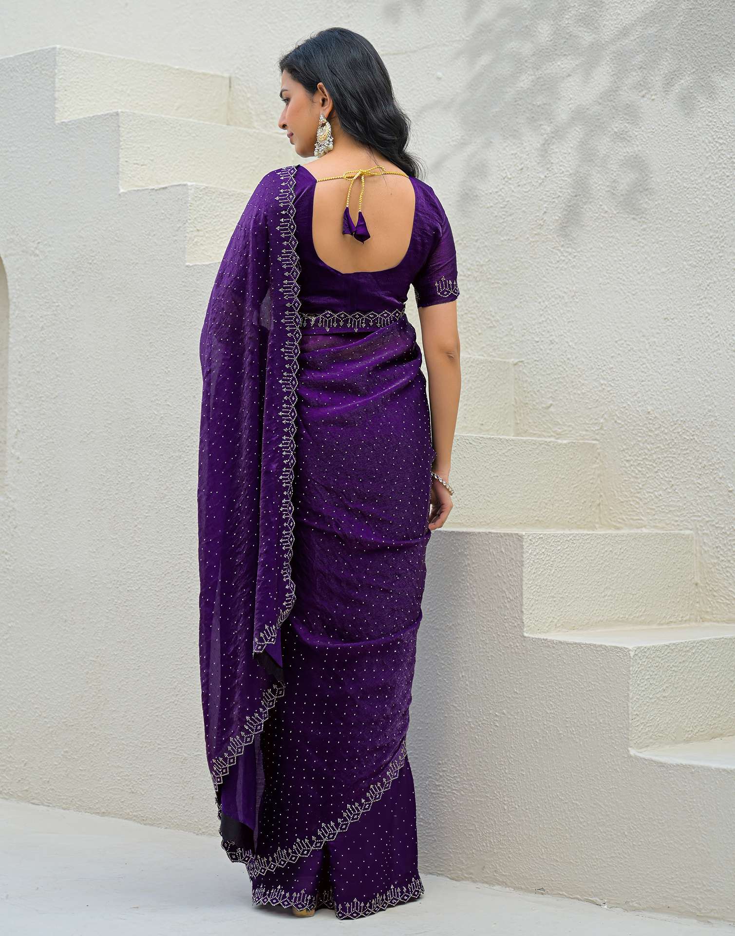 Dark Purple Shimmer Stone Work Swarovski Saree - Image 6