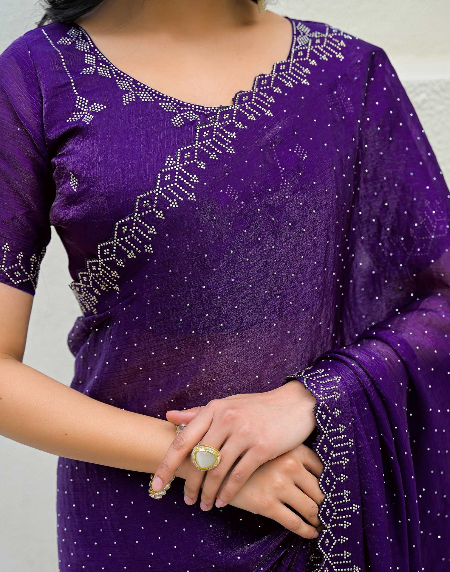 Dark Purple Shimmer Stone Work Swarovski Saree - Image 8