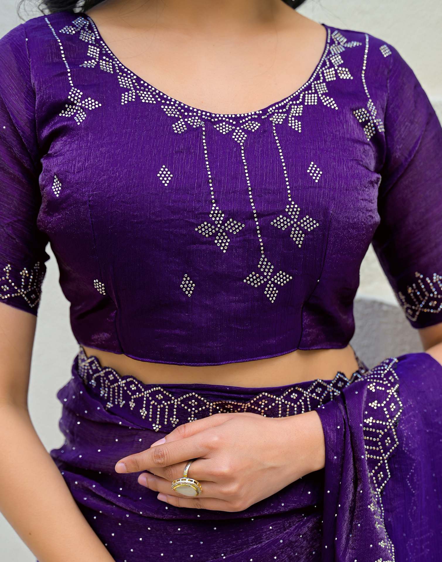Dark Purple Shimmer Stone Work Swarovski Saree - Image 9
