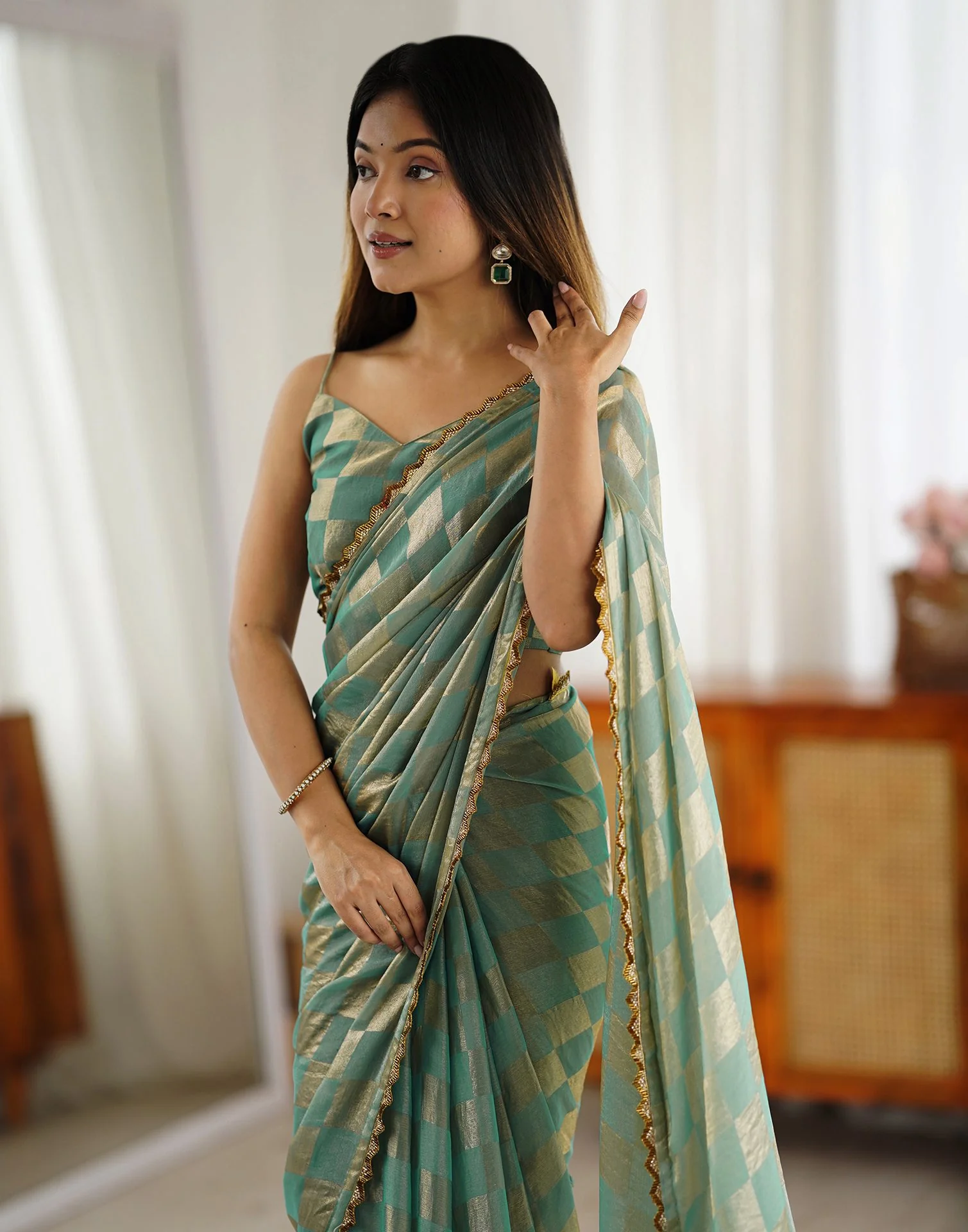 Teal Green Shimmer Woven Saree - Image 2
