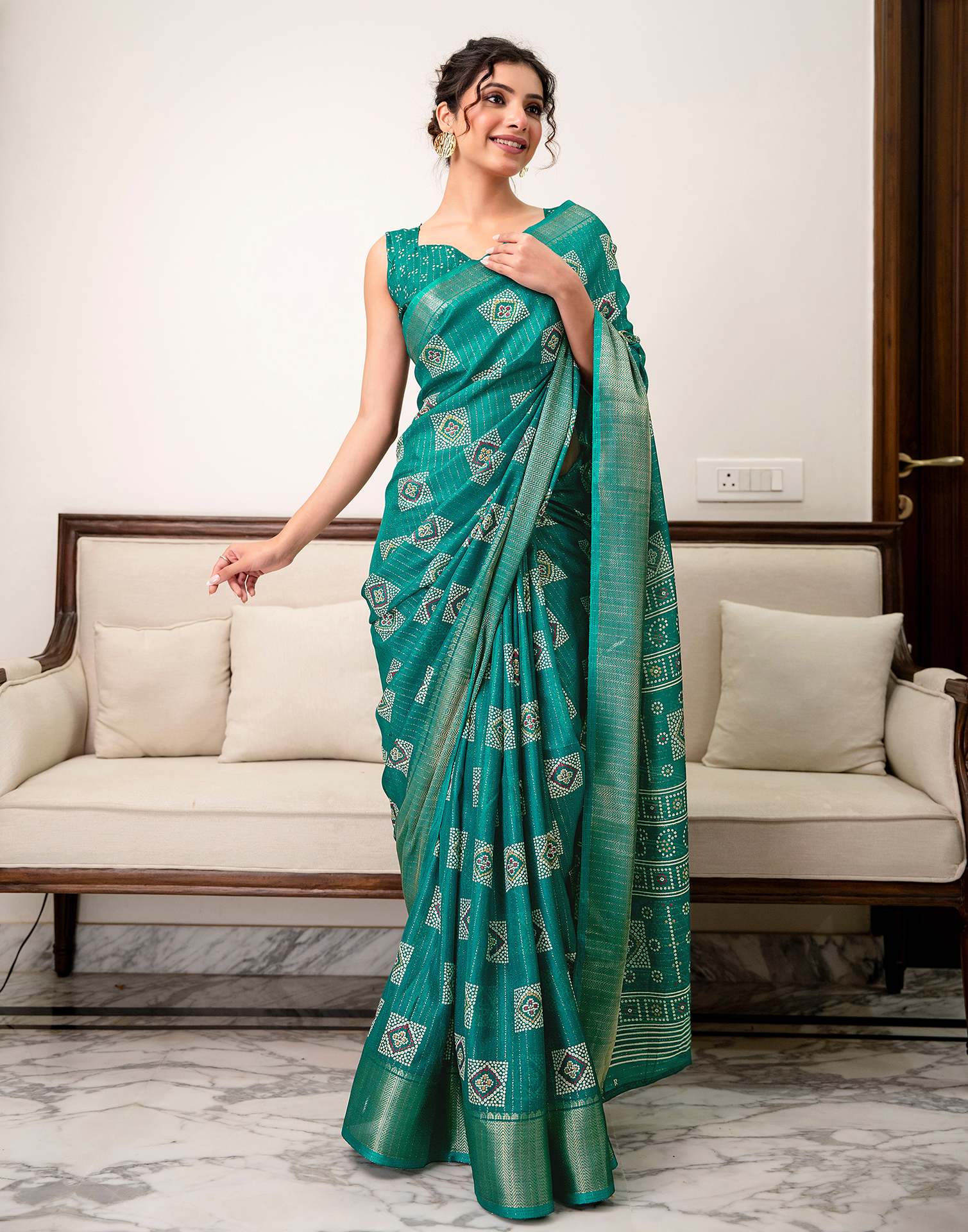Teal Green Silk Bandhani Printed Zari Stripe SareeĀ