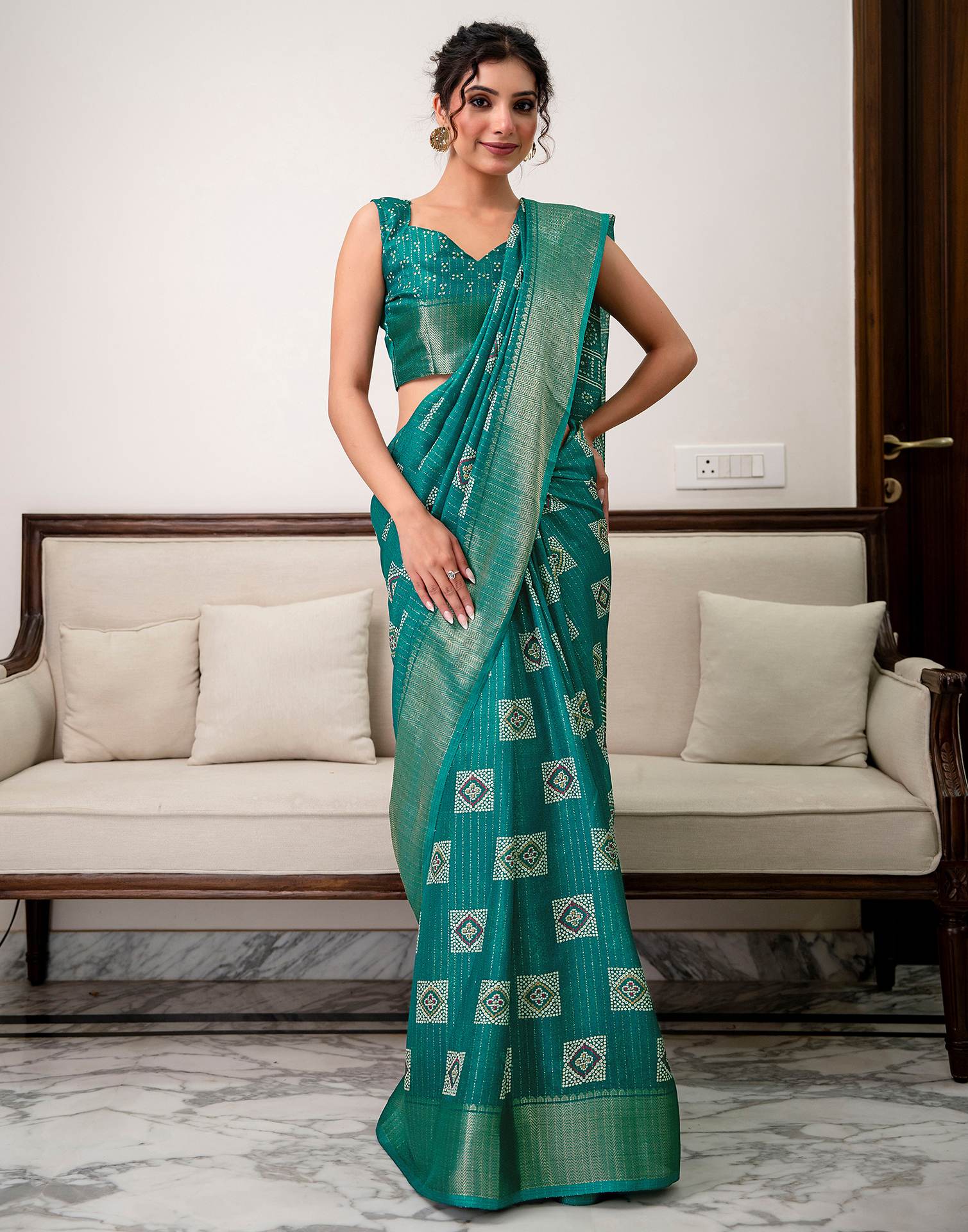 Teal Green Silk Bandhani Printed Zari Stripe SareeĀ - Image 10