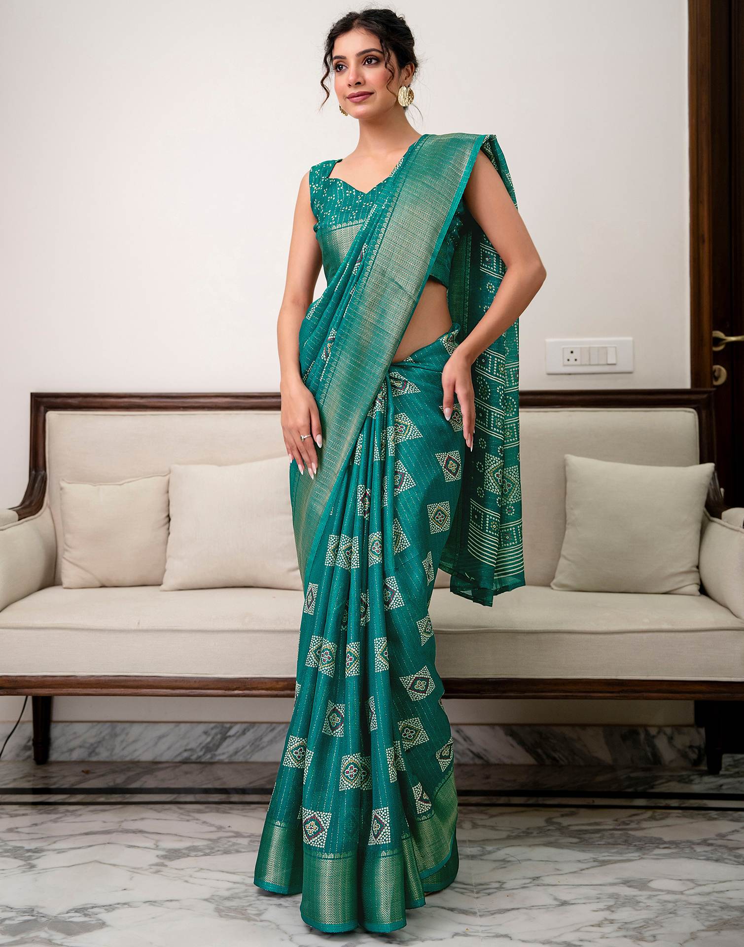 Teal Green Silk Bandhani Printed Zari Stripe SareeĀ - Image 11