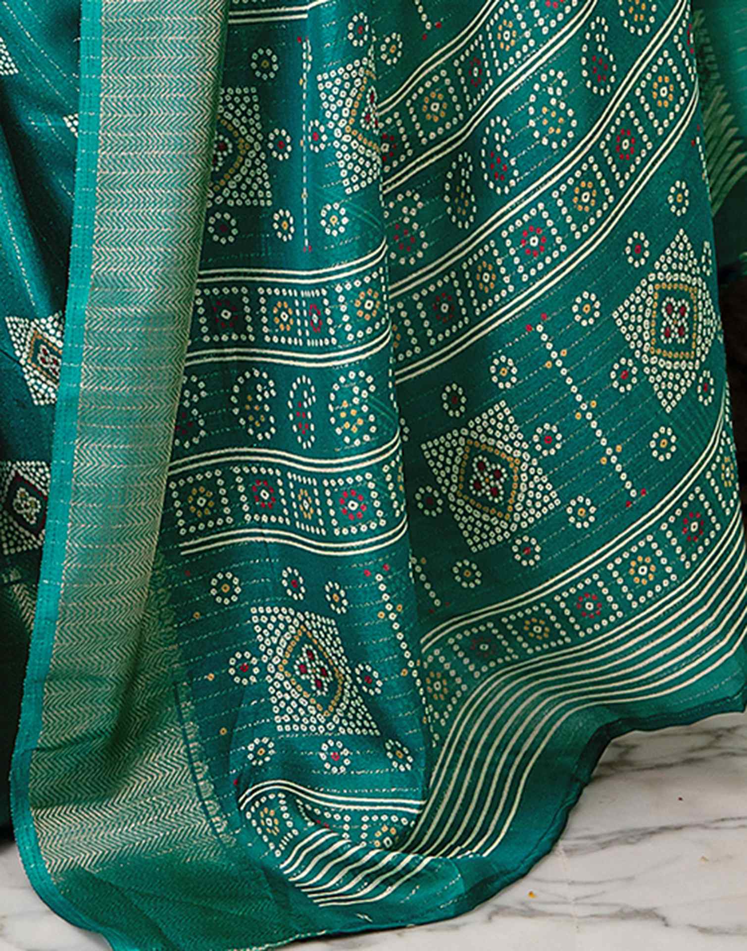 Teal Green Silk Bandhani Printed Zari Stripe SareeĀ - Image 12