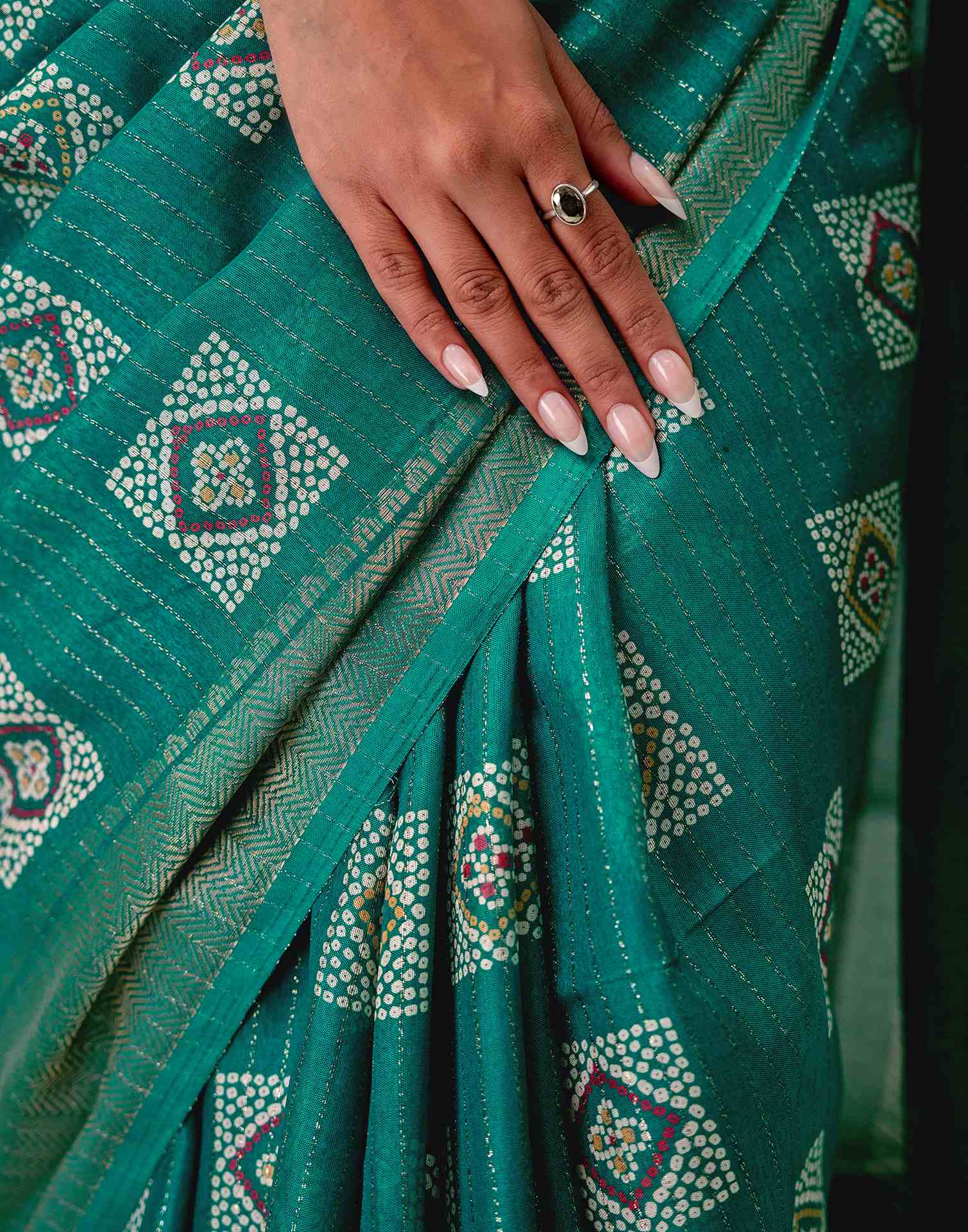 Teal Green Silk Bandhani Printed Zari Stripe SareeĀ - Image 13