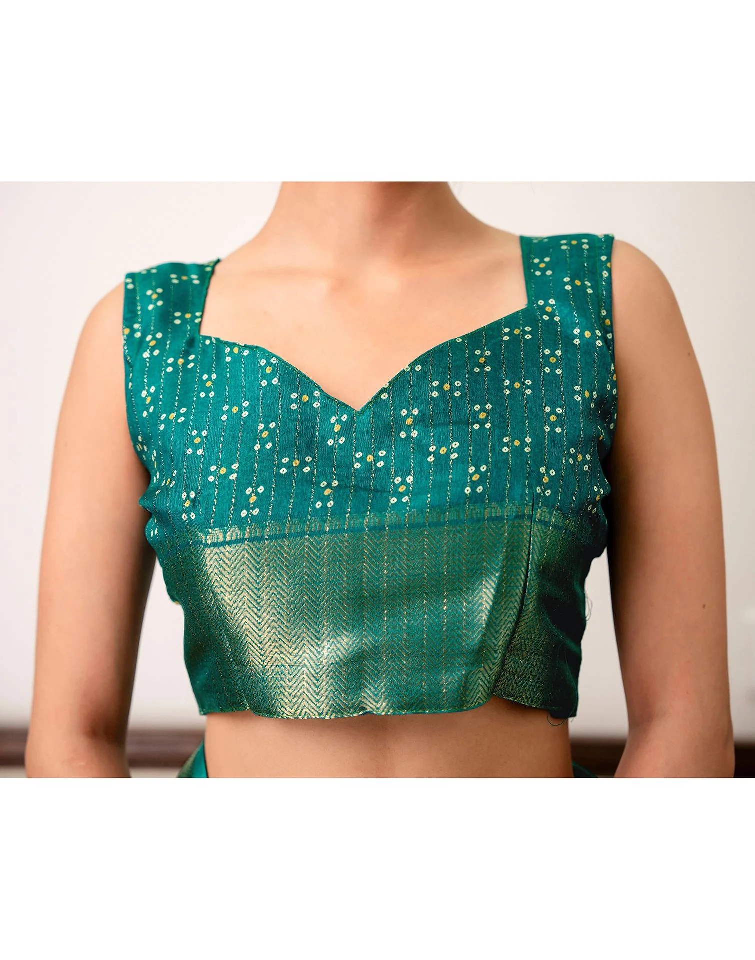 Teal Green Silk Bandhani Printed Zari Stripe SareeĀ - Image 15
