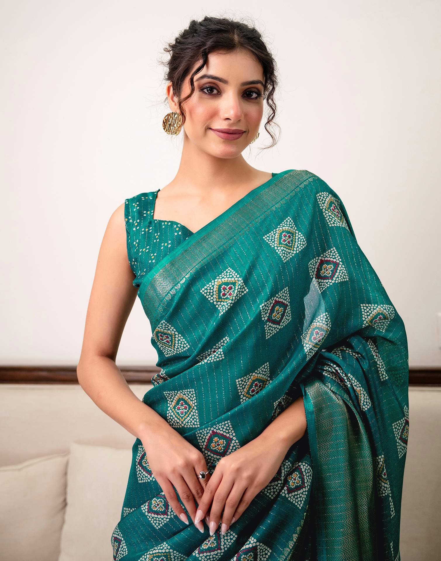 Teal Green Silk Bandhani Printed Zari Stripe SareeĀ - Image 2