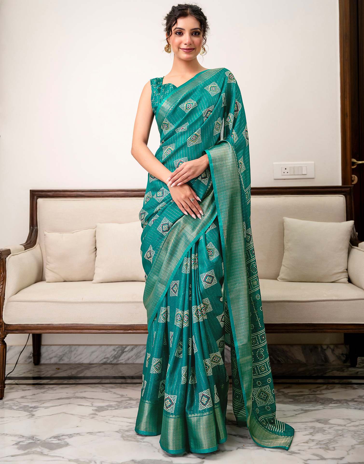 Teal Green Silk Bandhani Printed Zari Stripe SareeĀ - Image 3