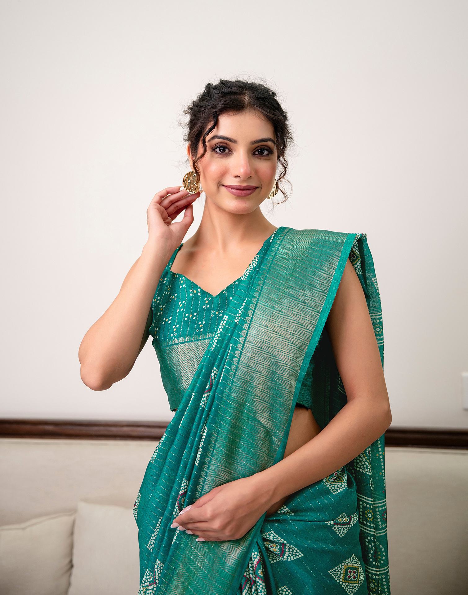 Teal Green Silk Bandhani Printed Zari Stripe SareeĀ - Image 5