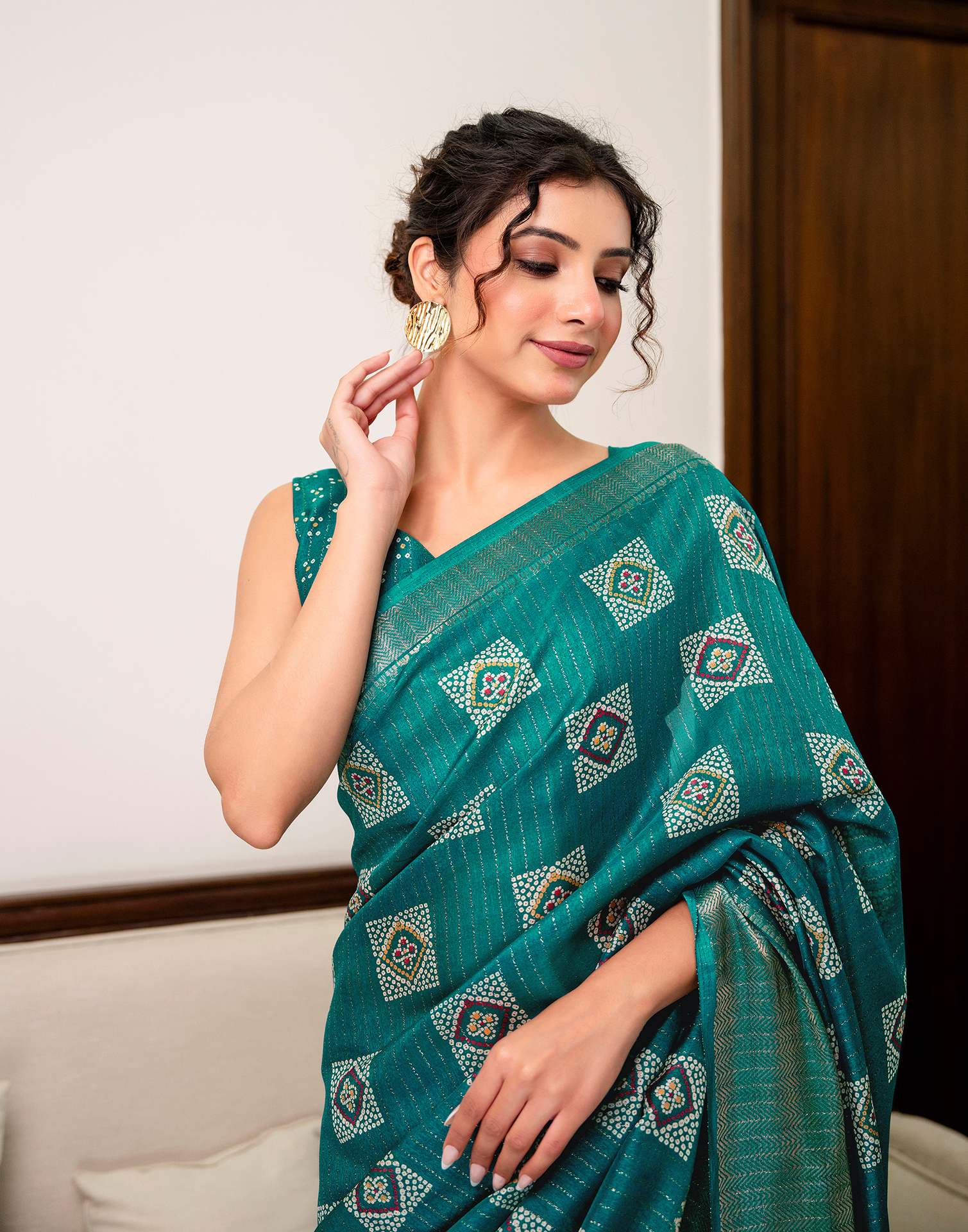 Teal Green Silk Bandhani Printed Zari Stripe SareeĀ - Image 7