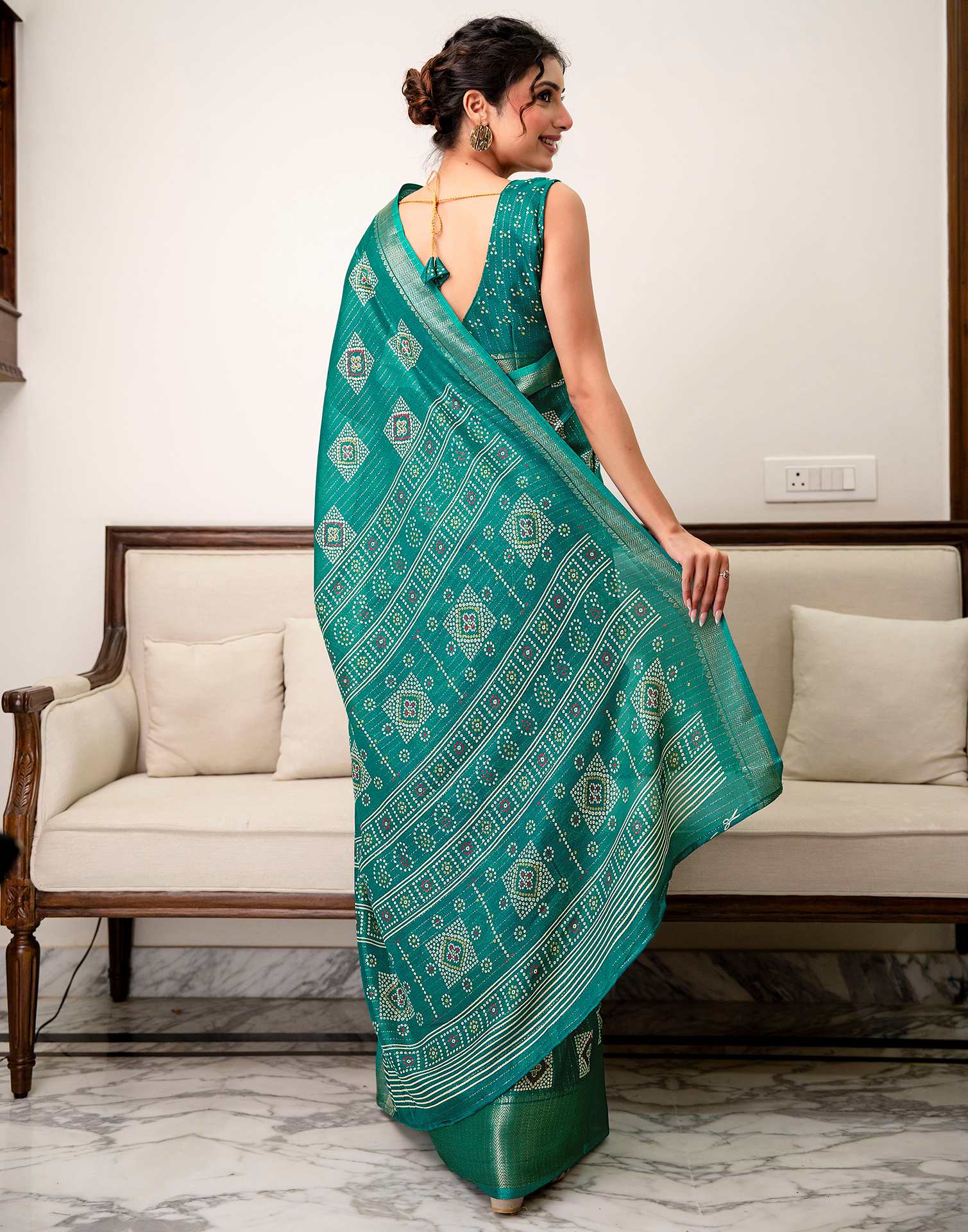 Teal Green Silk Bandhani Printed Zari Stripe SareeĀ - Image 8