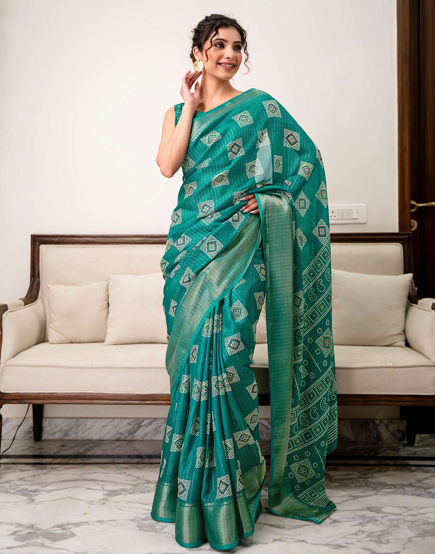 Teal Green Silk Bandhani Printed Zari Stripe SareeĀ - Image 9