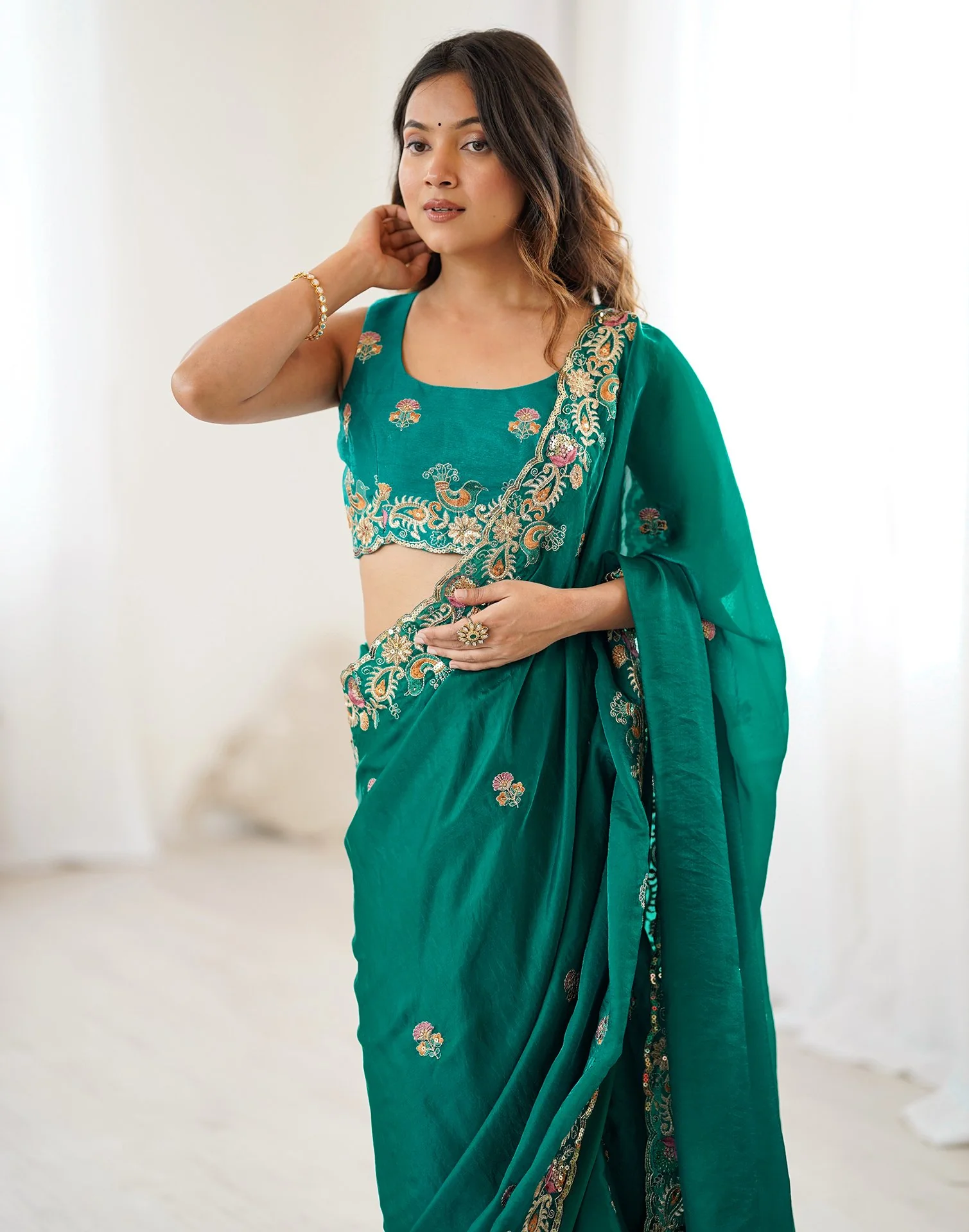 Teal Green Silk Embroidery Saree - Image 2