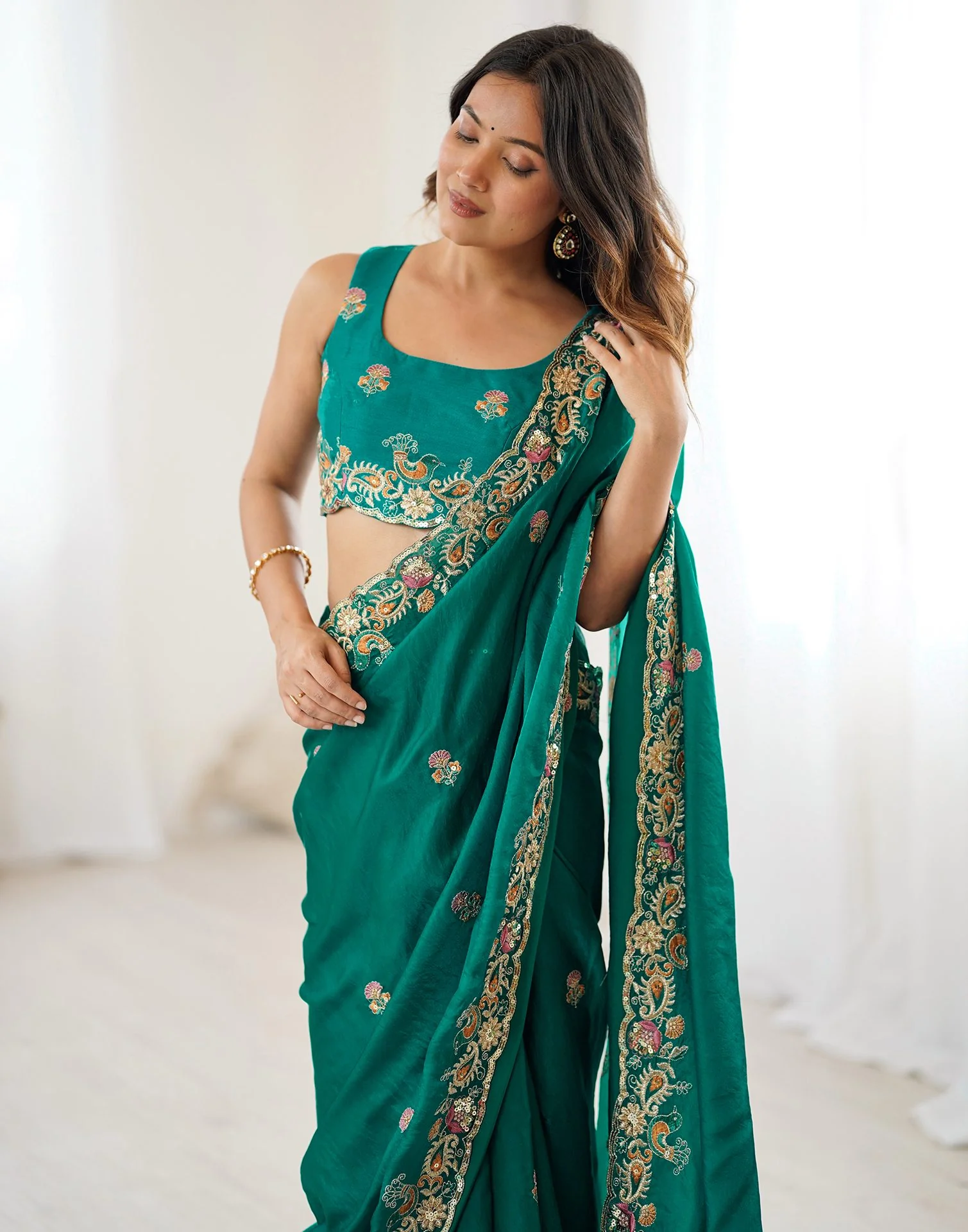 Teal Green Silk Embroidery Saree - Image 4