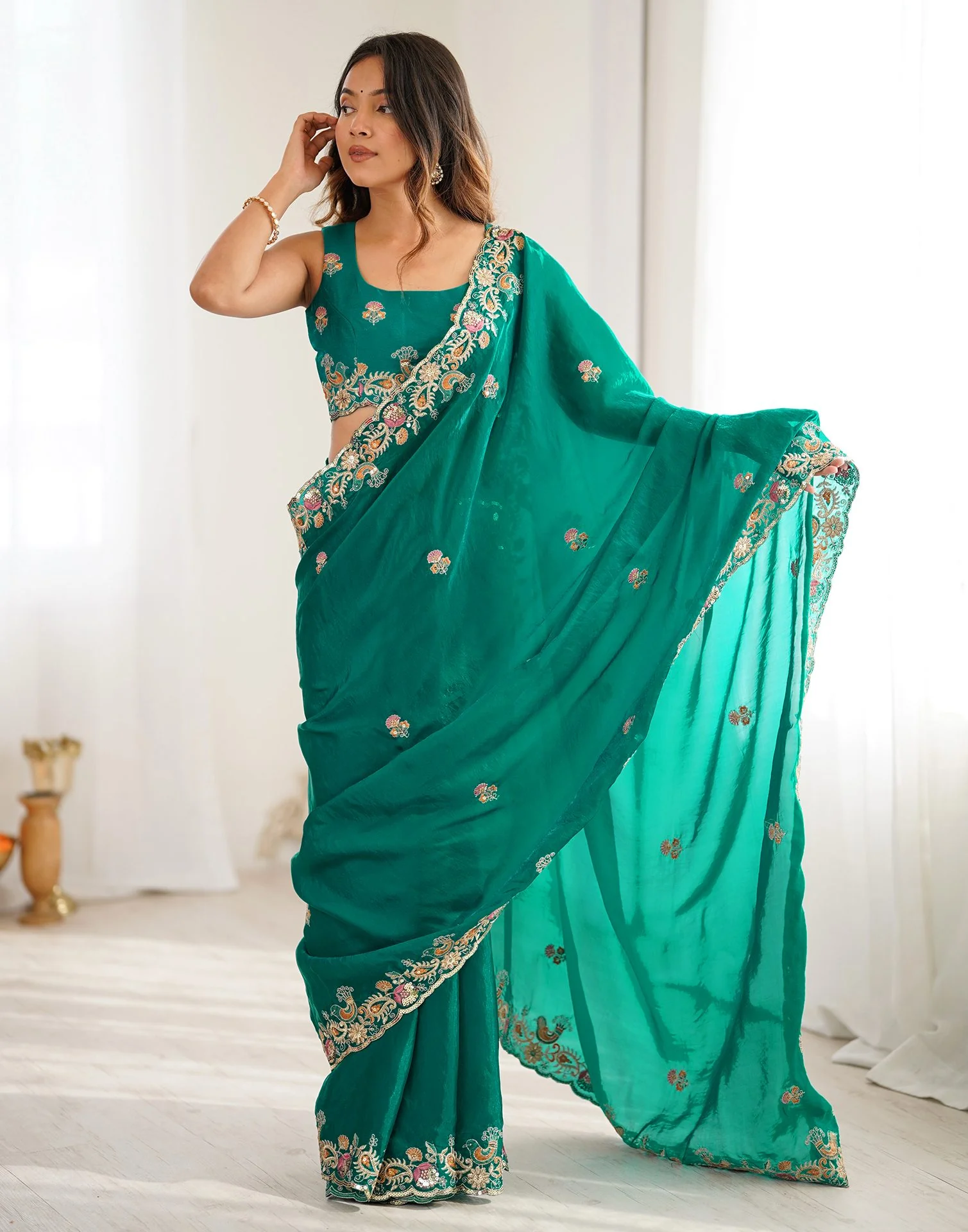 Teal Green Silk Embroidery Saree - Image 6