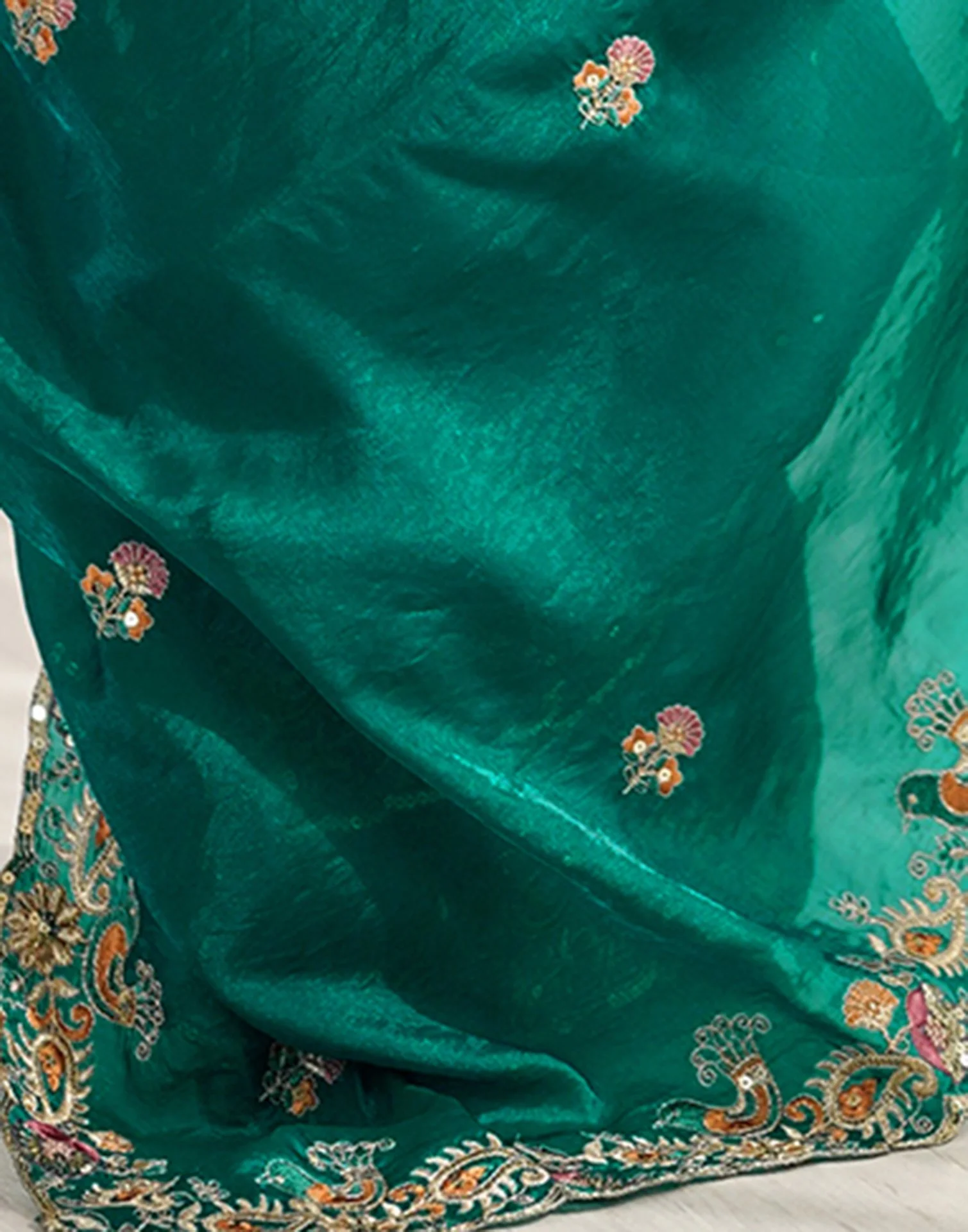 Teal Green Silk Embroidery Saree - Image 9