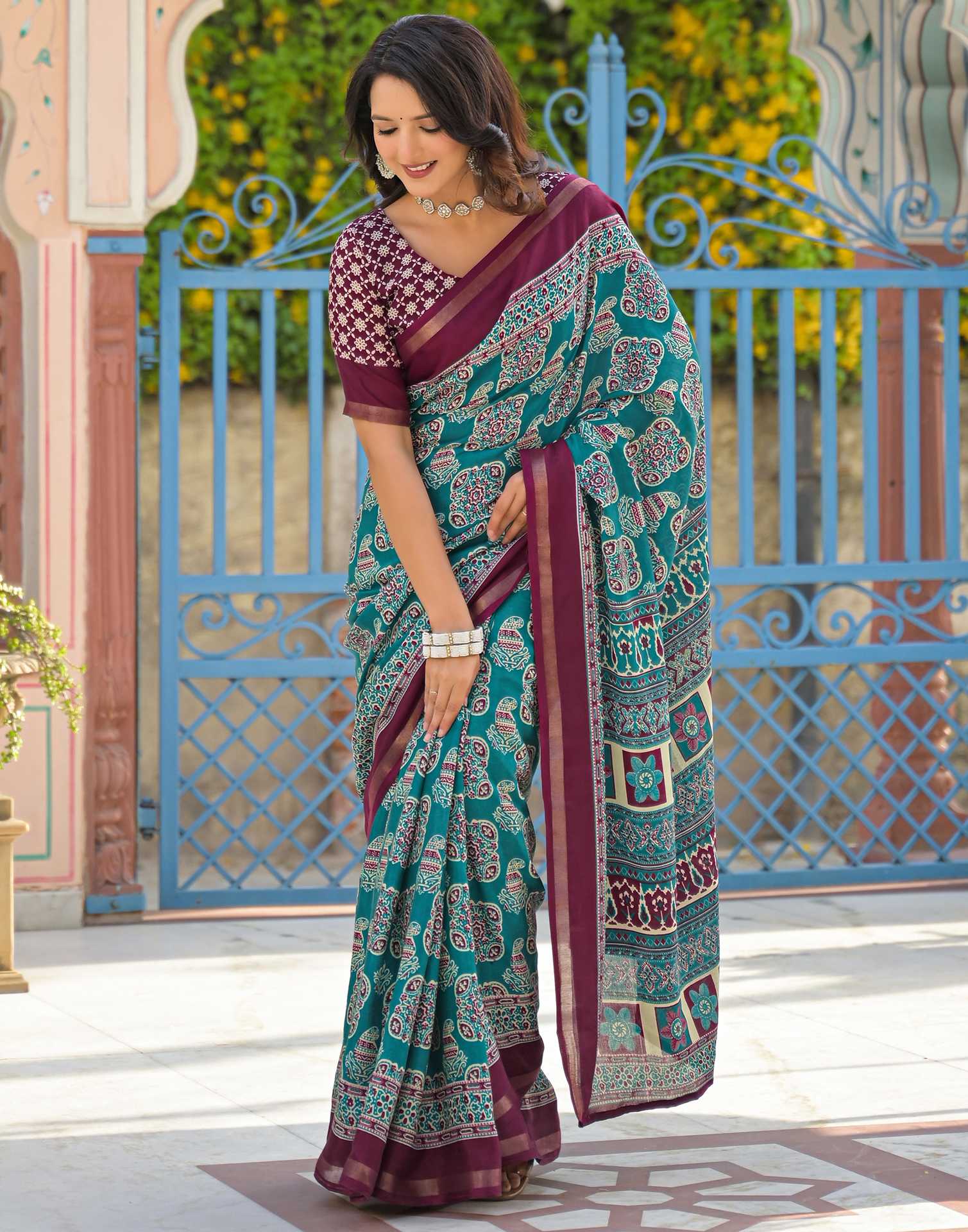 Teal Green Silk Printed Saree - Image 8