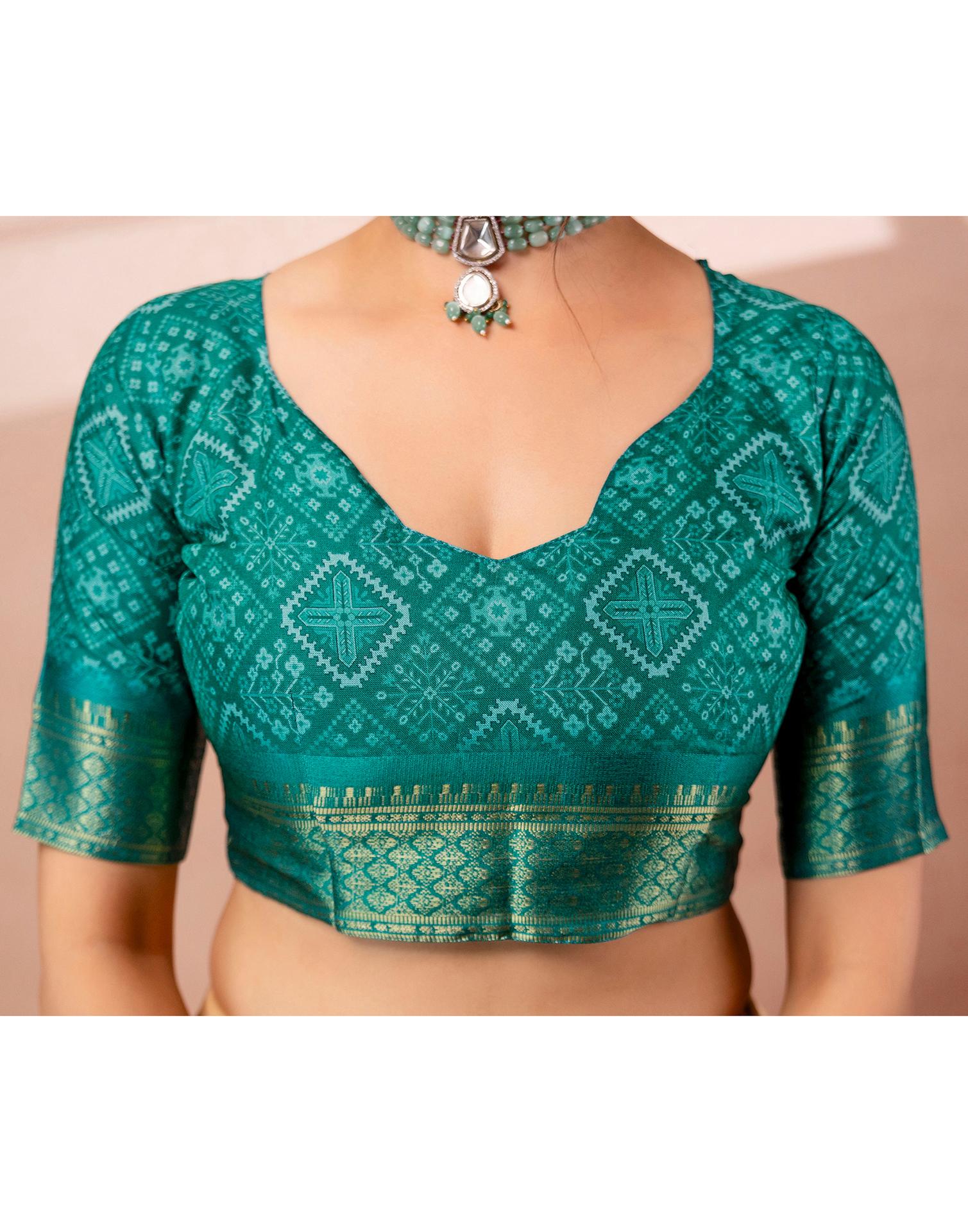 Teal Green Silk Printed Woven Border Saree - Image 12