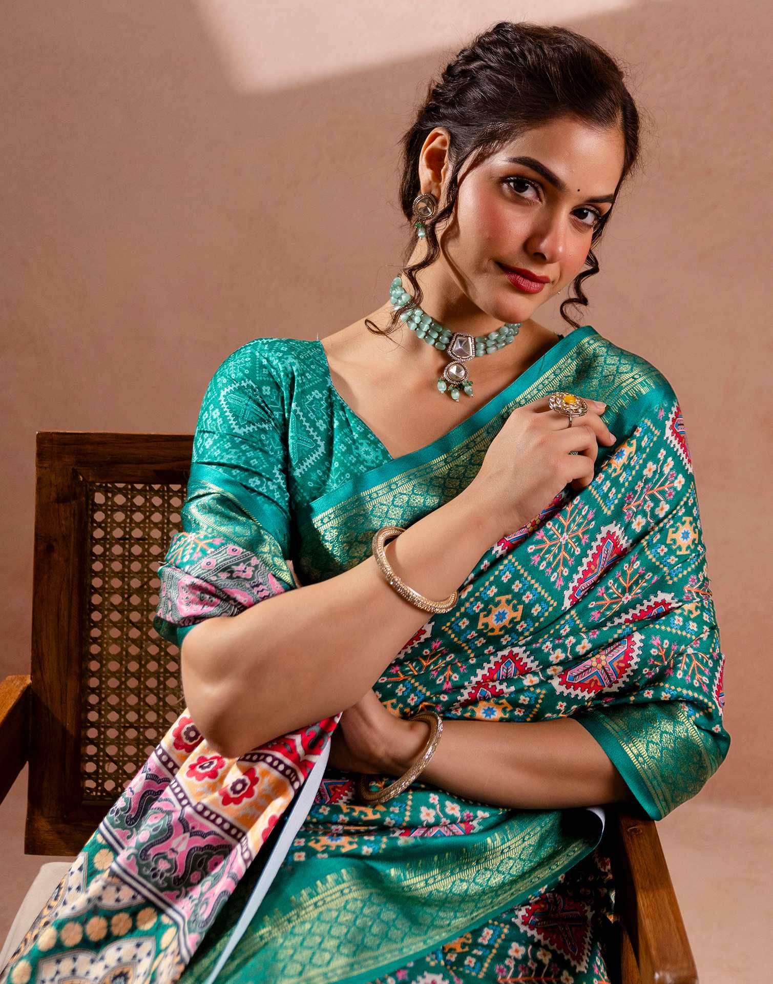 Teal Green Silk Printed Woven Border Saree - Image 2