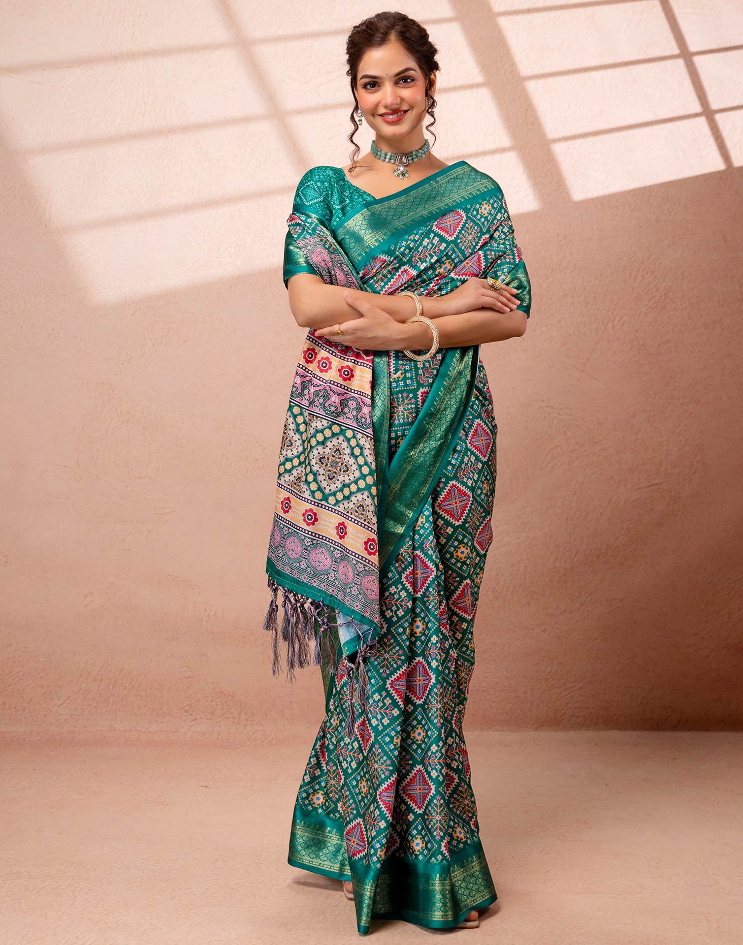 Teal Green Silk Printed Woven Border Saree - Image 8