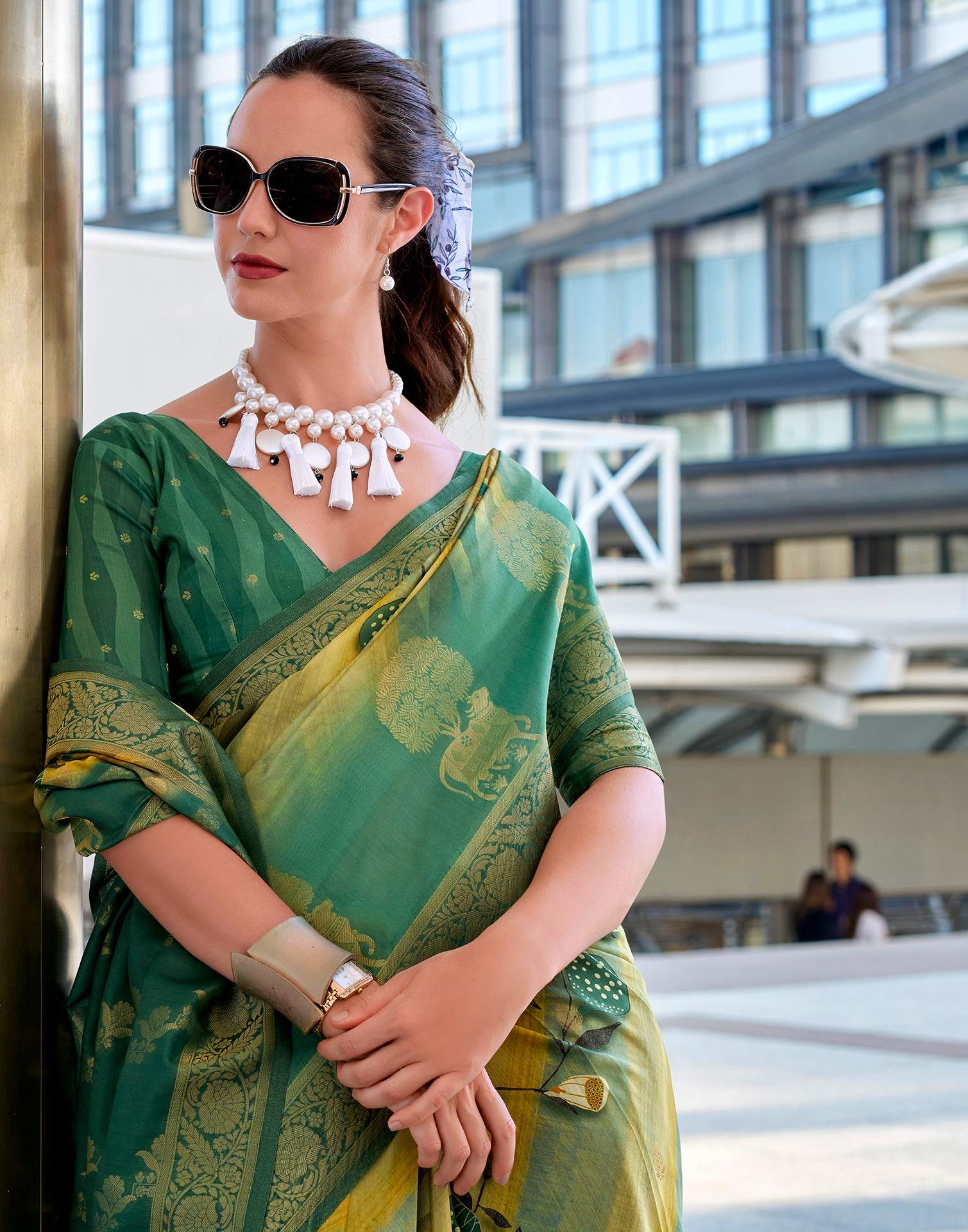 Teal Green Silk Printed Woven Saree - Image 2
