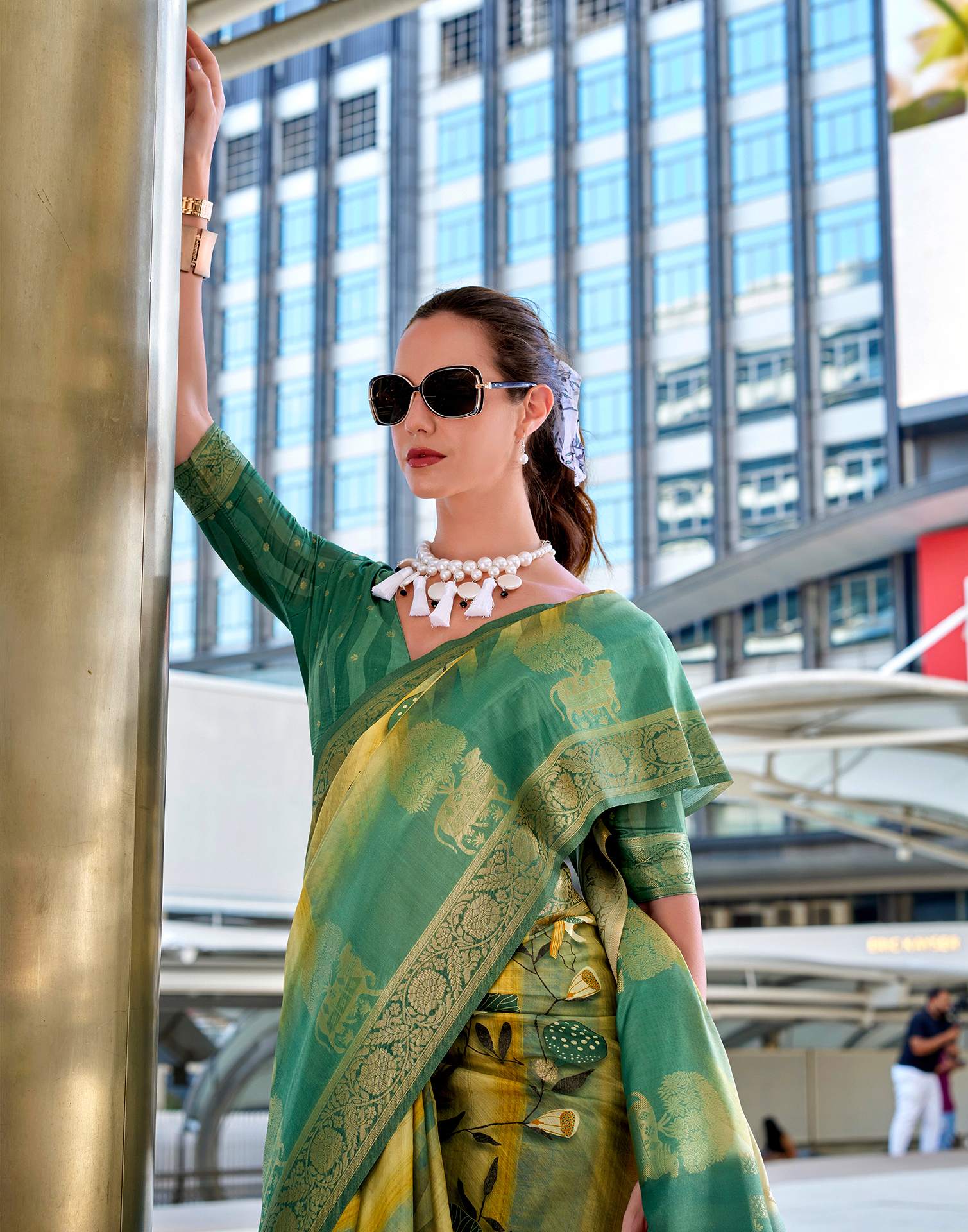 Teal Green Silk Printed Woven Saree - Image 4