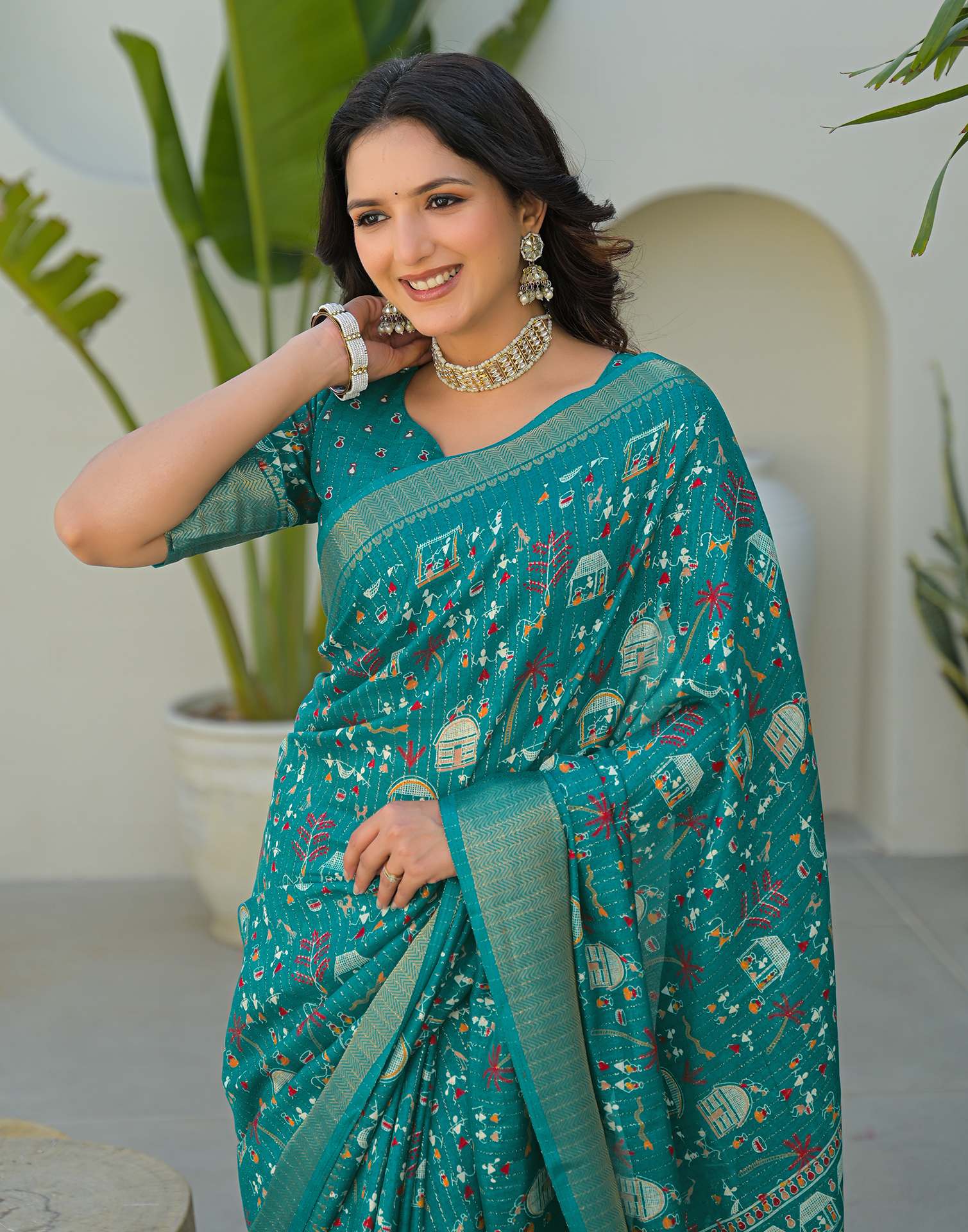 Teal Green Silk Printed Zari Stripe SareeĀ