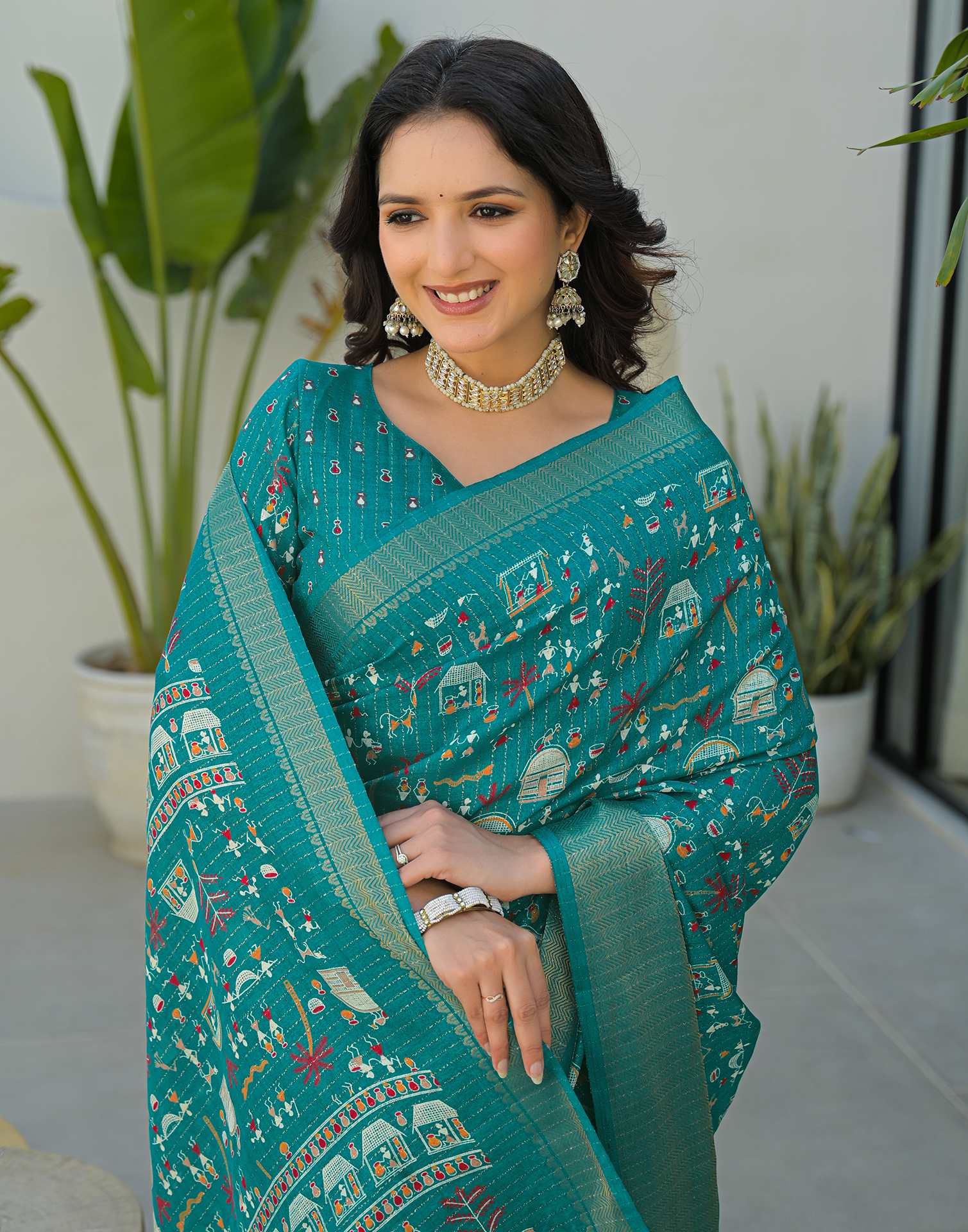 Teal Green Silk Printed Zari Stripe SareeĀ - Image 3