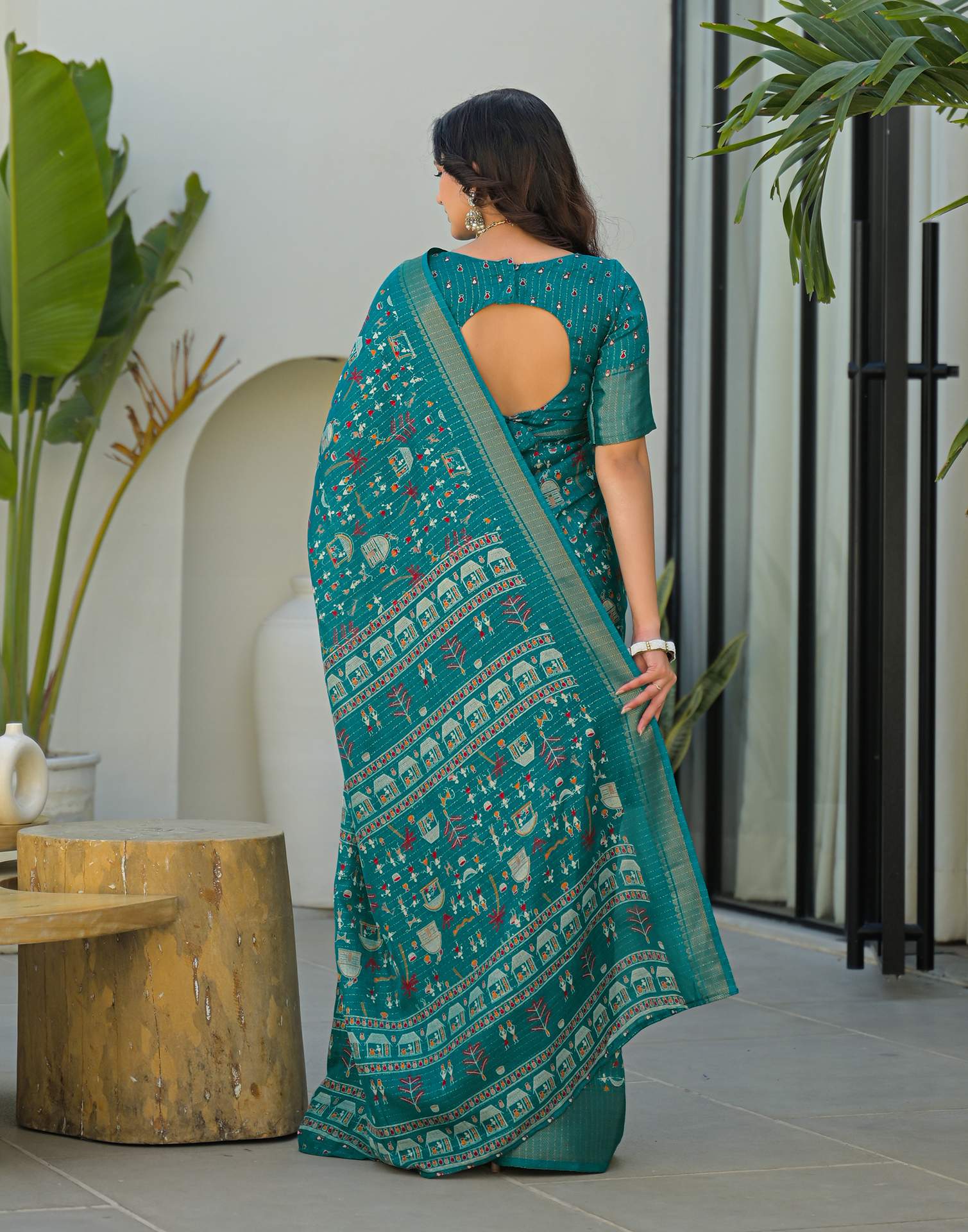 Teal Green Silk Printed Zari Stripe SareeĀ - Image 7