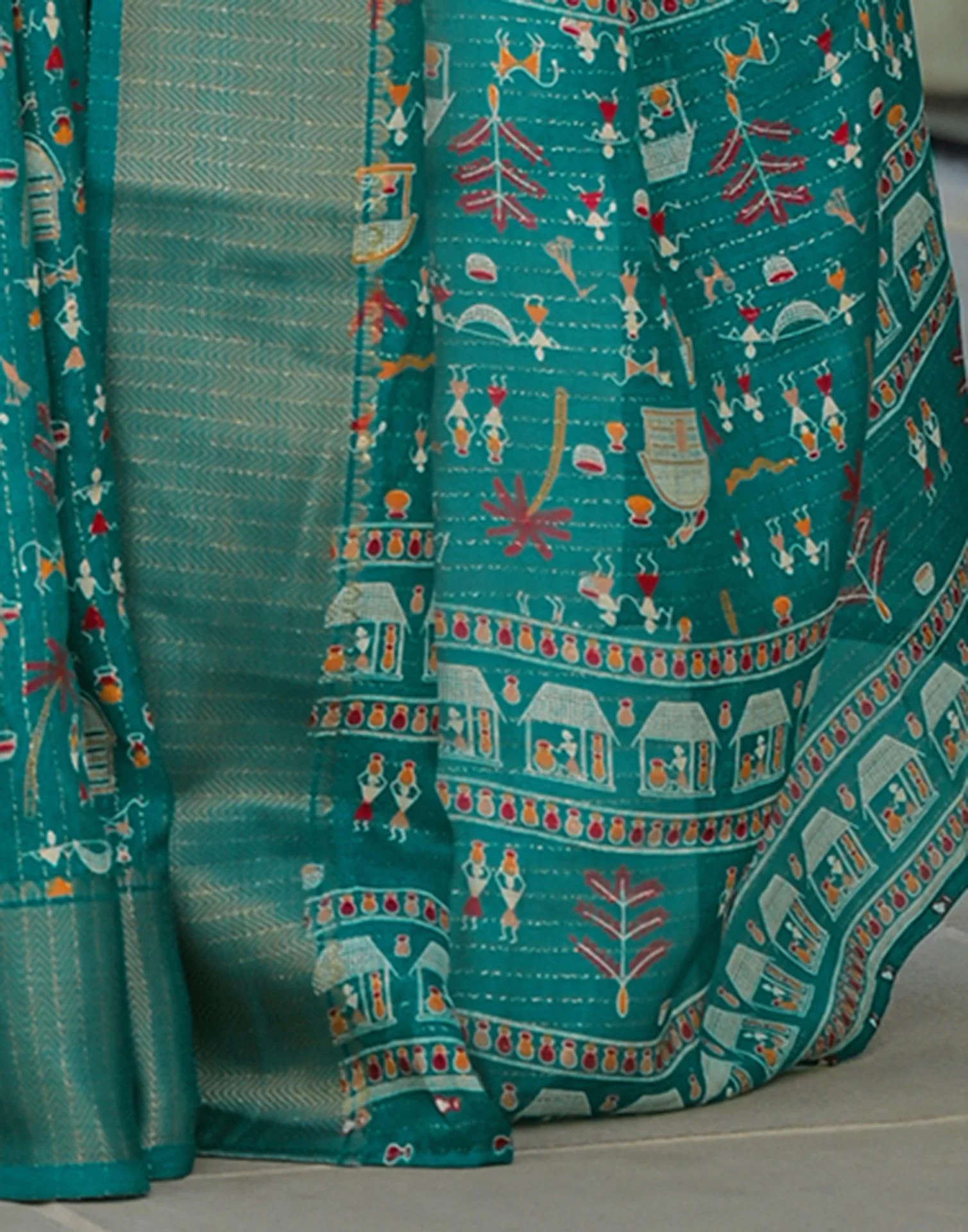 Teal Green Silk Printed Zari Stripe SareeĀ - Image 9