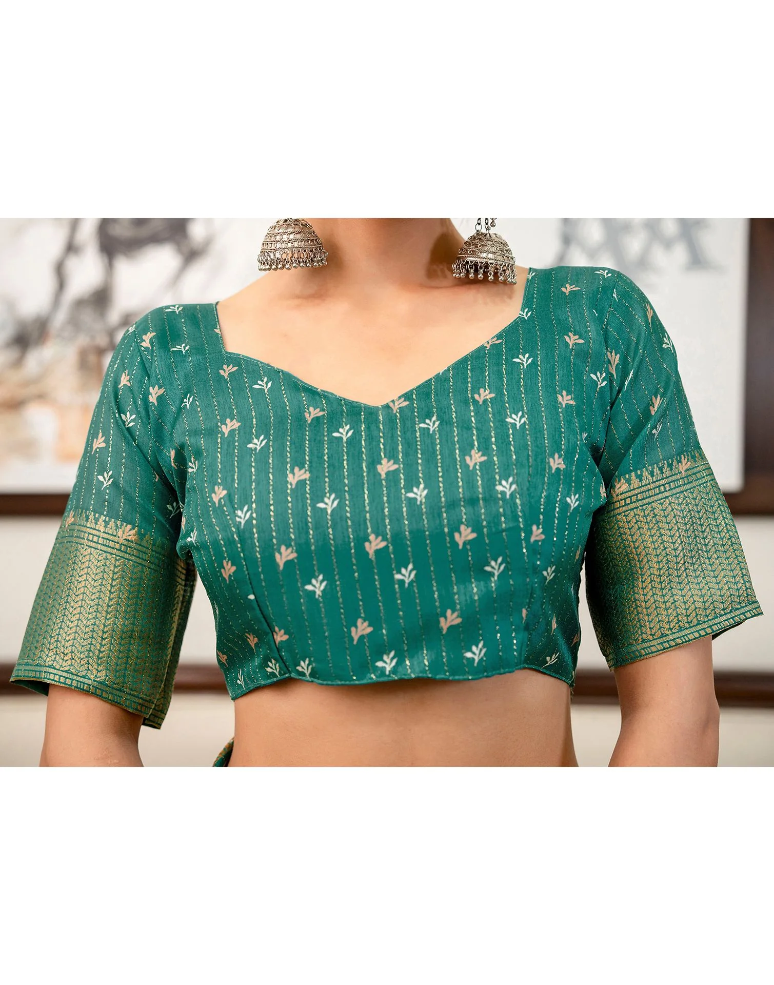 Teal Green Silk Printed Zari Stripe Saree - Image 12