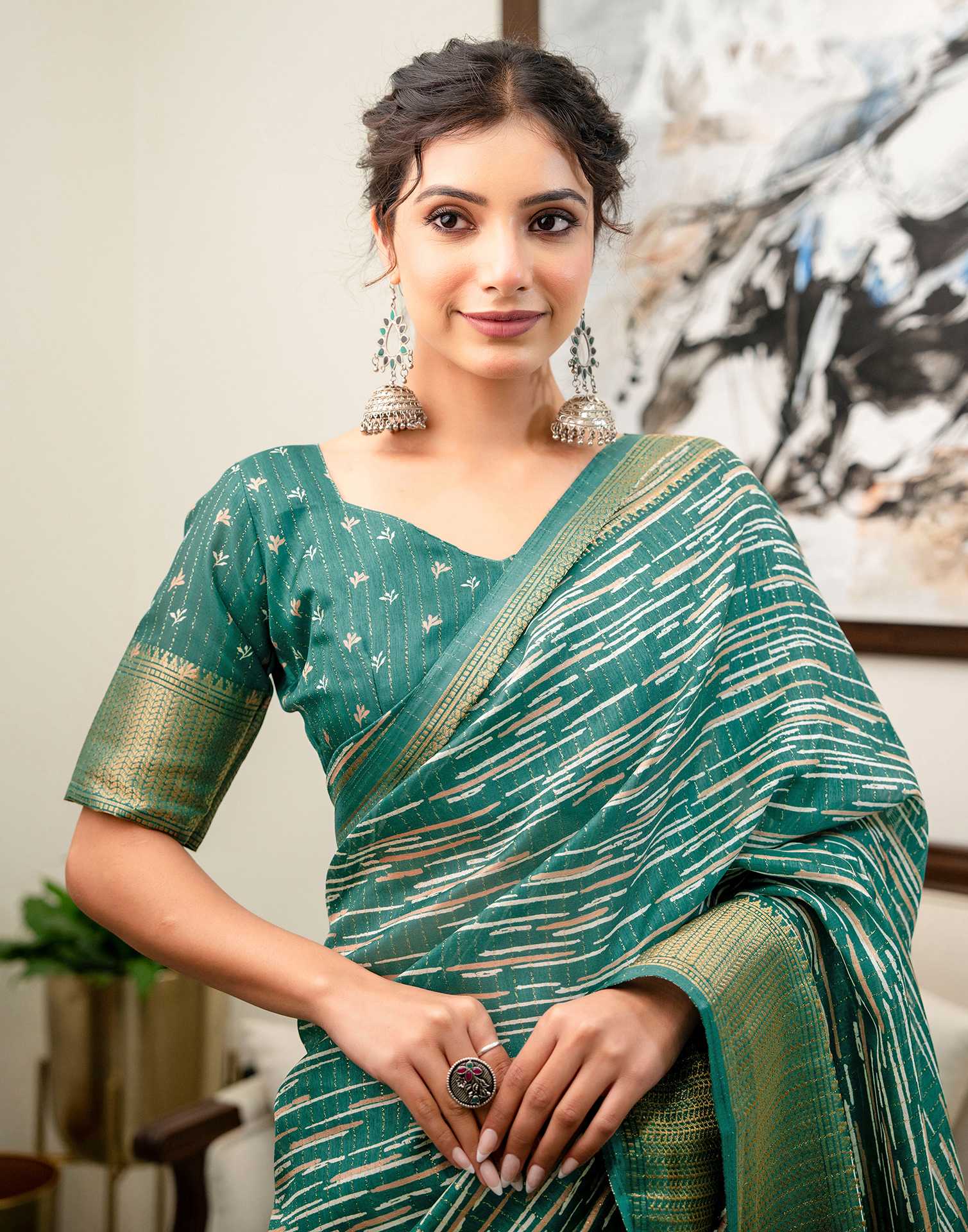 Teal Green Silk Printed Zari Stripe Saree - Image 2