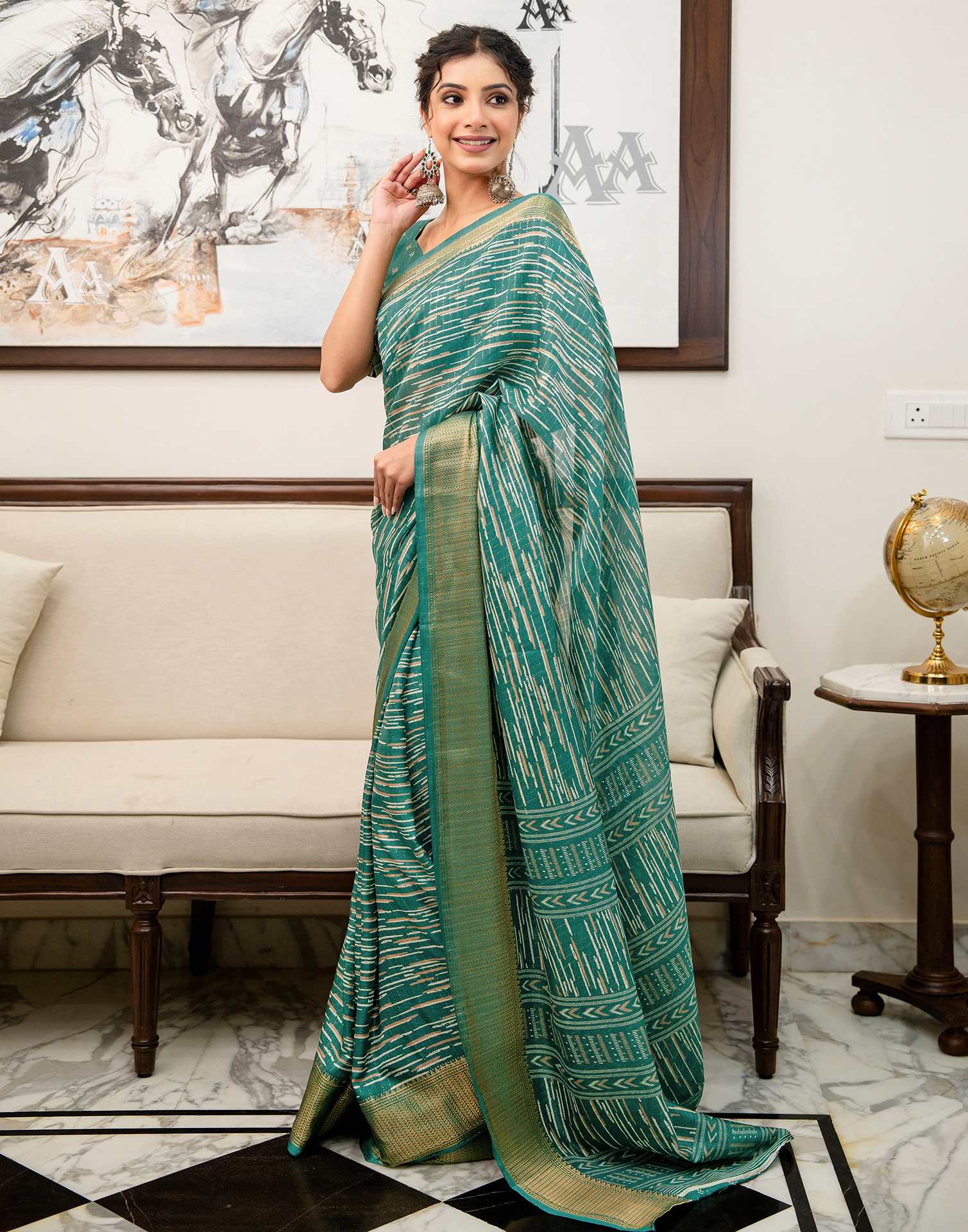 Teal Green Silk Printed Zari Stripe Saree - Image 5