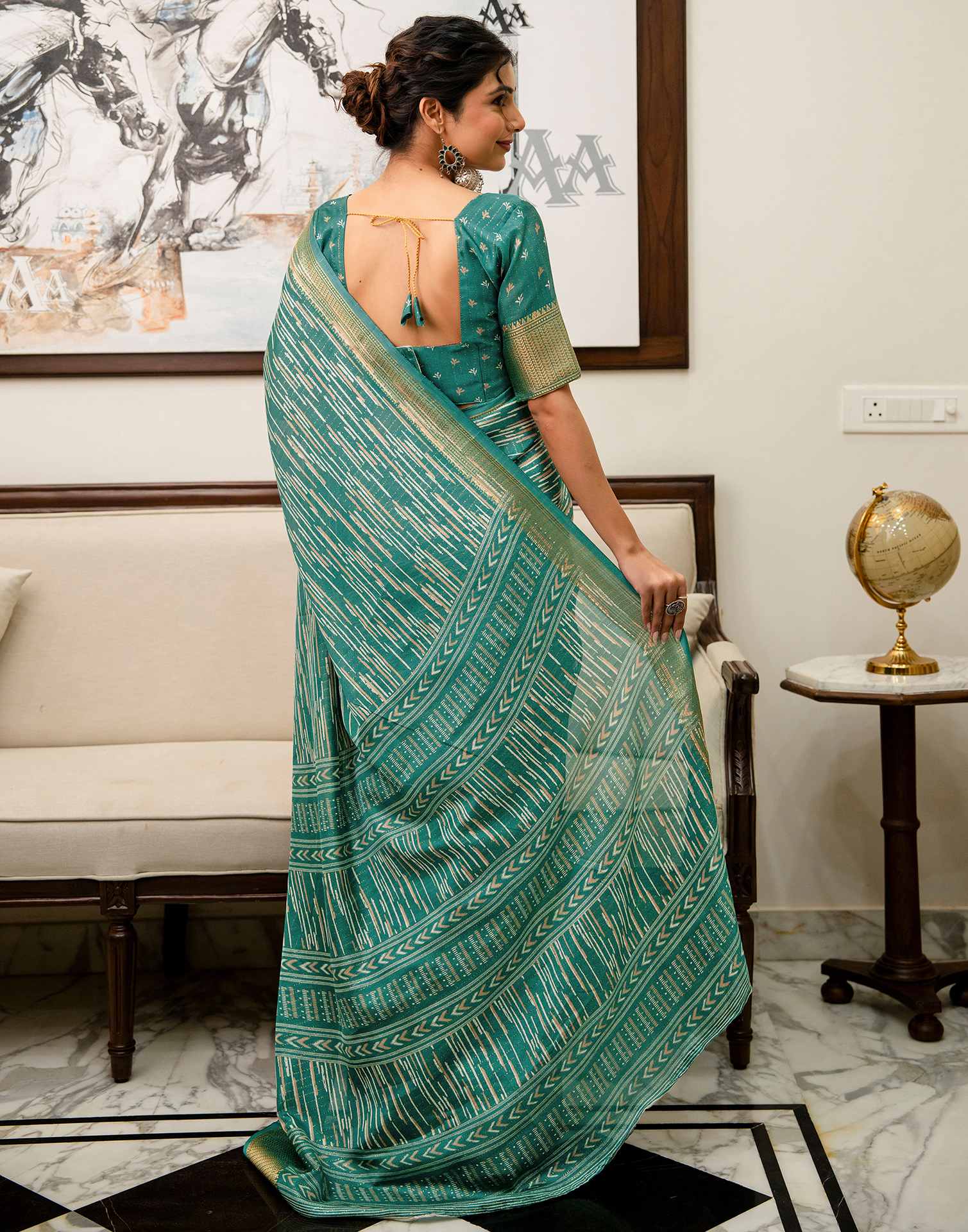 Teal Green Silk Printed Zari Stripe Saree - Image 7