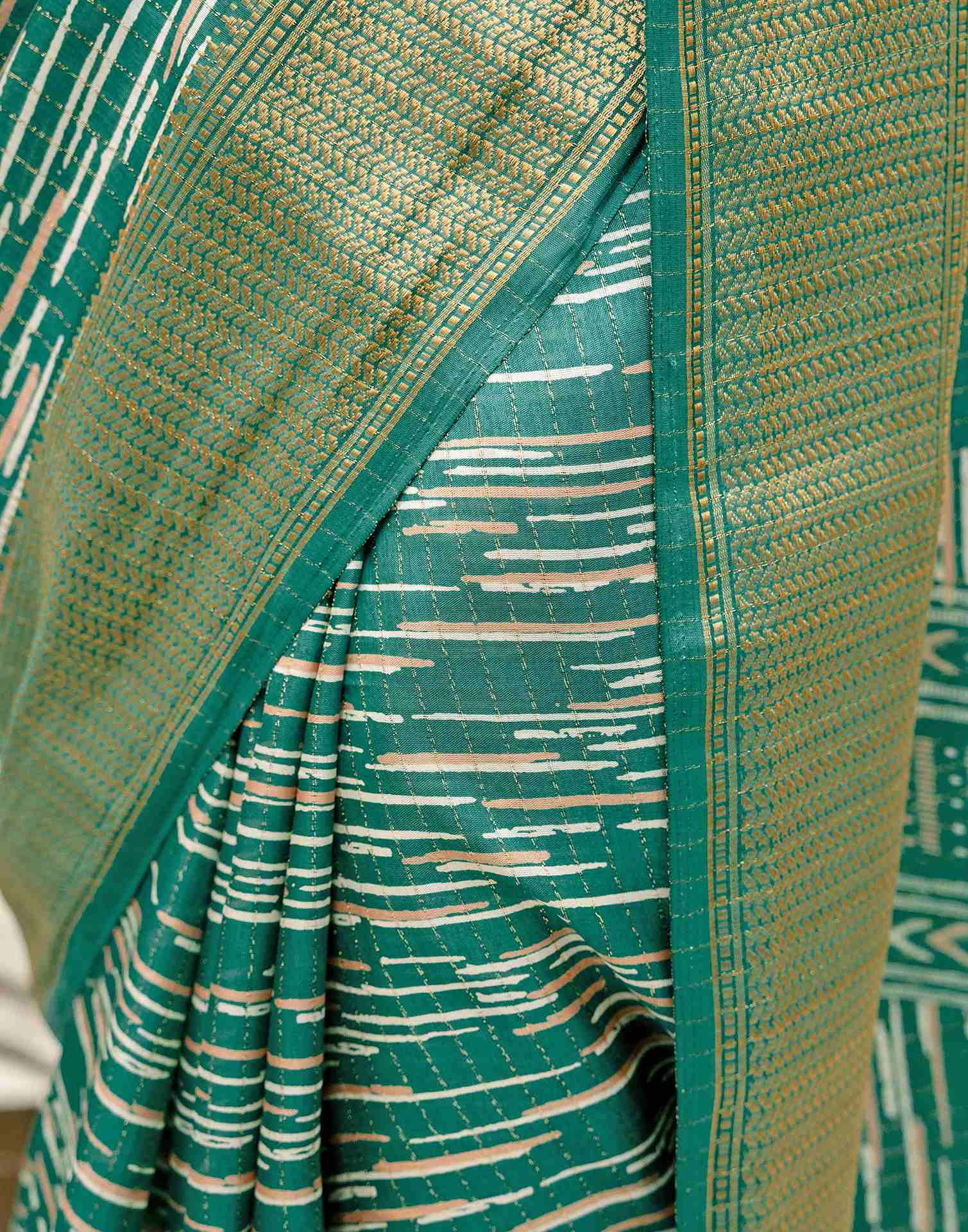 Teal Green Silk Printed Zari Stripe Saree - Image 9