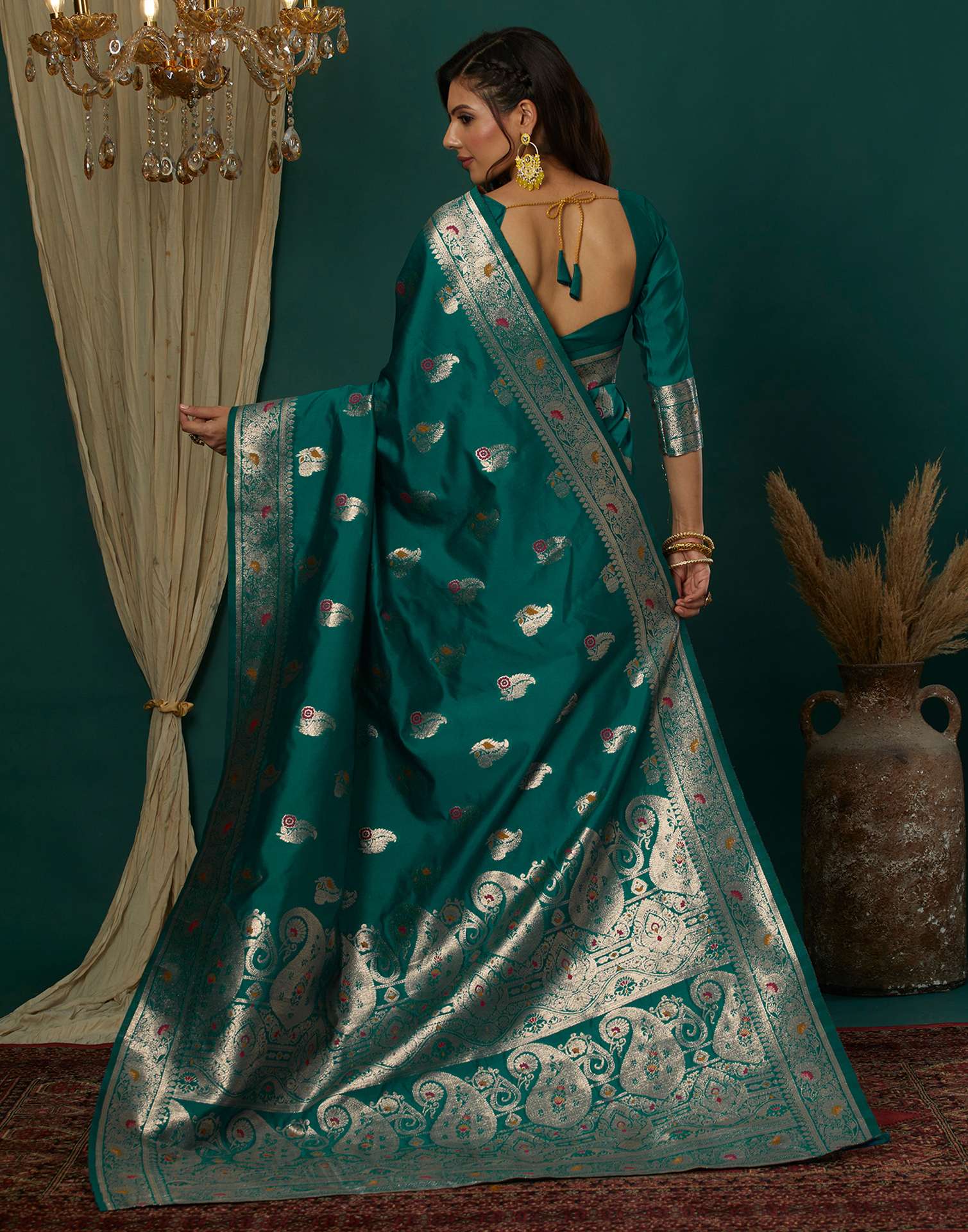 Teal Green Silk Weaving Banarasi Saree - Image 5