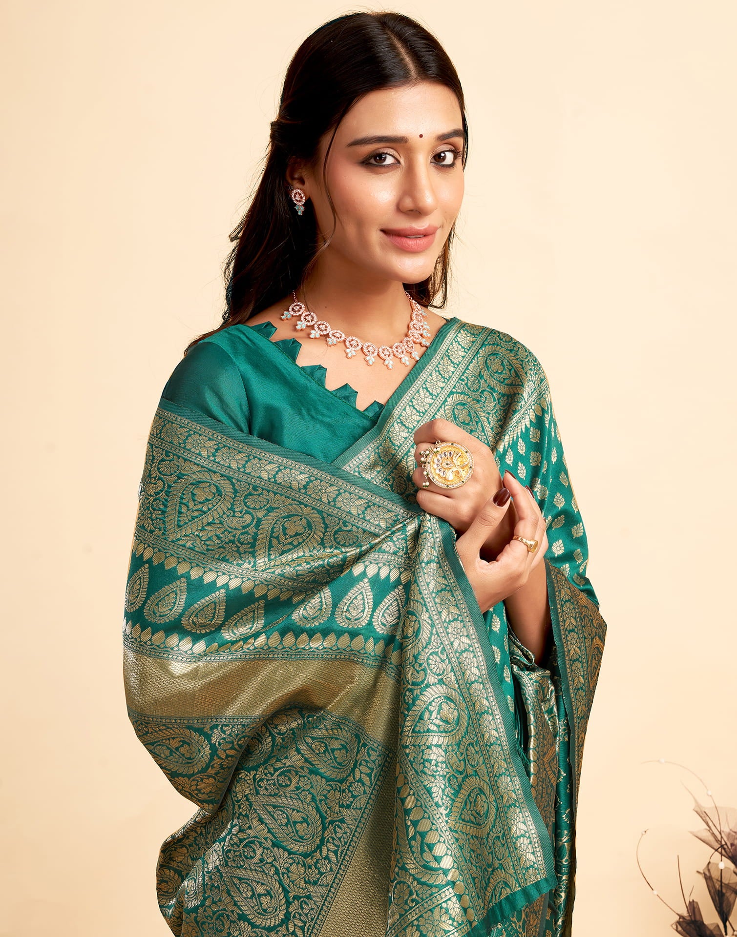 Teal Green Woven Banarasi Silk Saree - Image 2