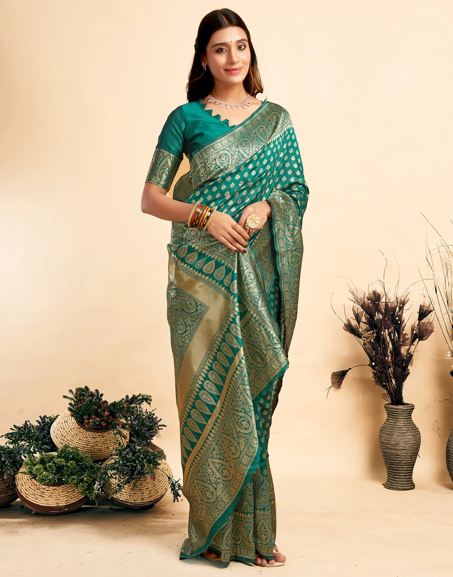 Teal Green Woven Banarasi Silk Saree - Image 7