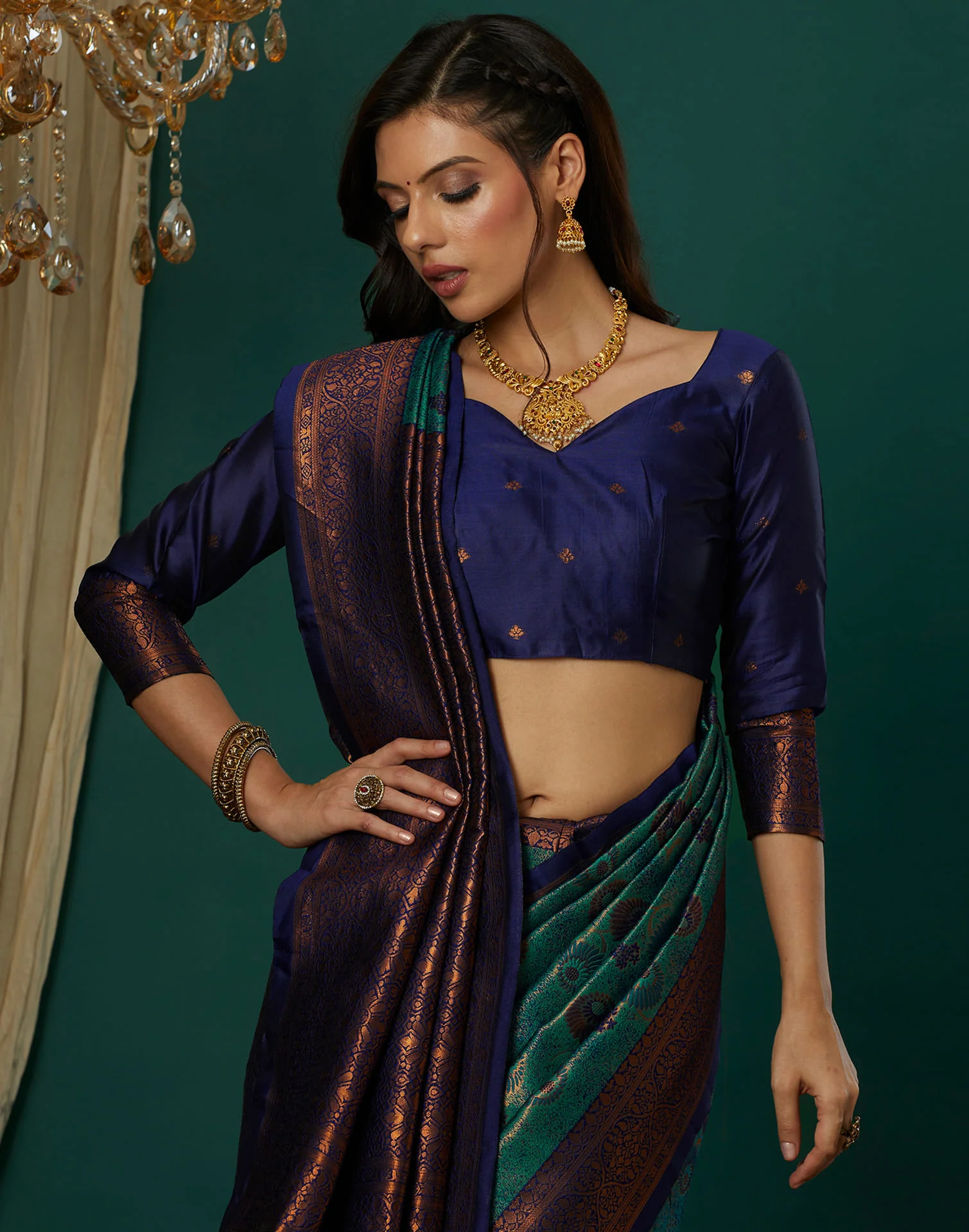 Green Silk Woven Banarasi Saree - Image 2