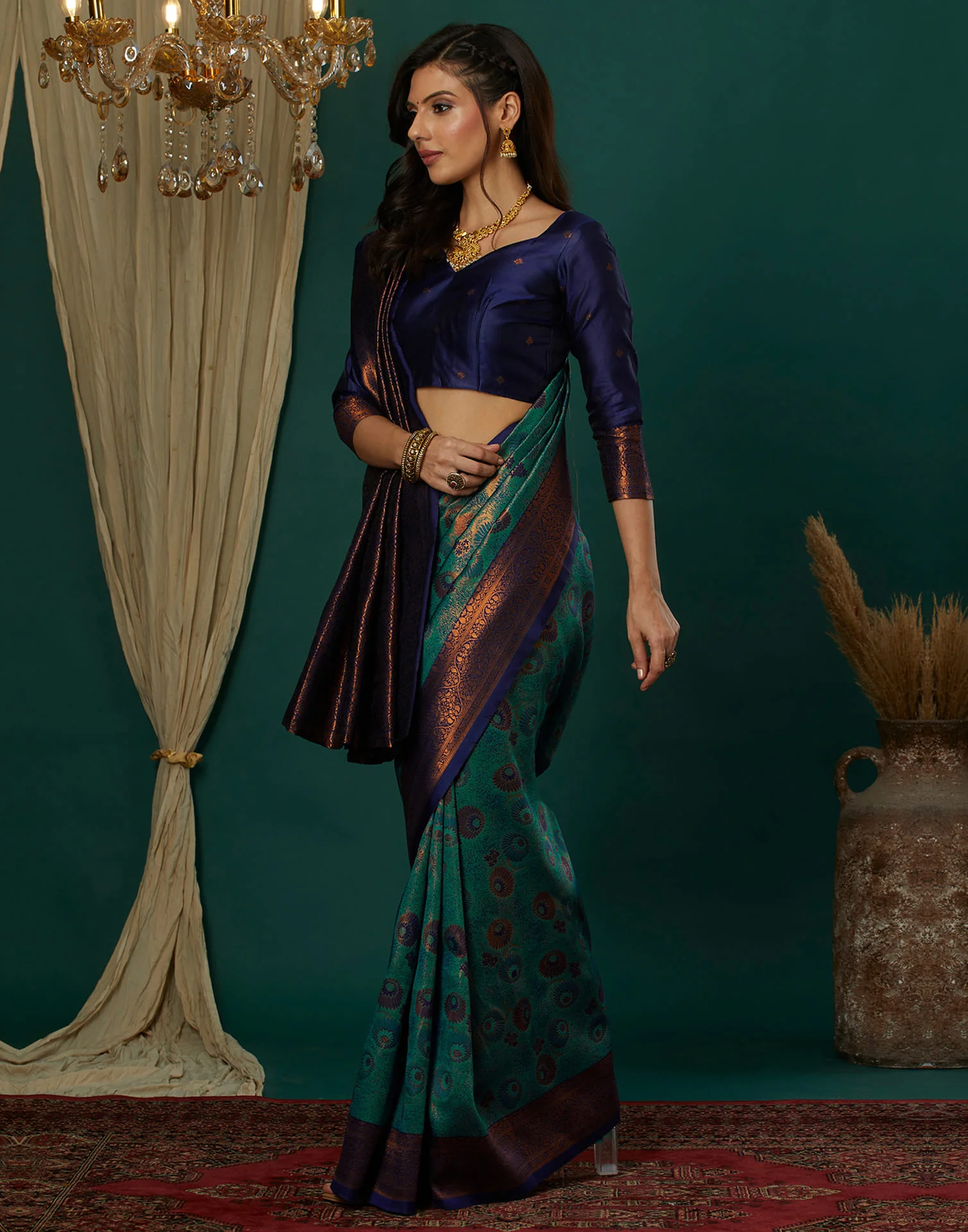 Green Silk Woven Banarasi Saree - Image 4