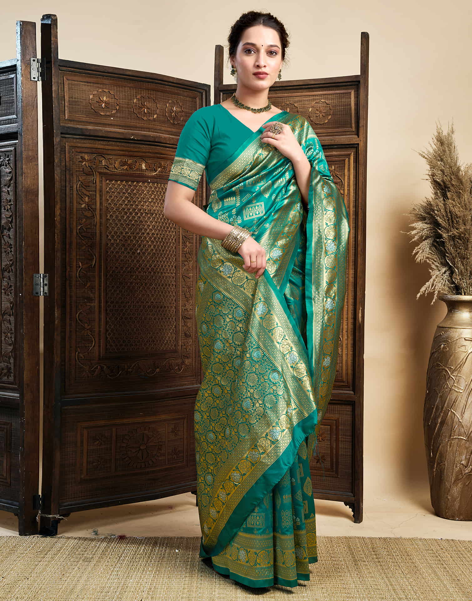 Teal Green Silk Woven Banarasi Saree - Image 5