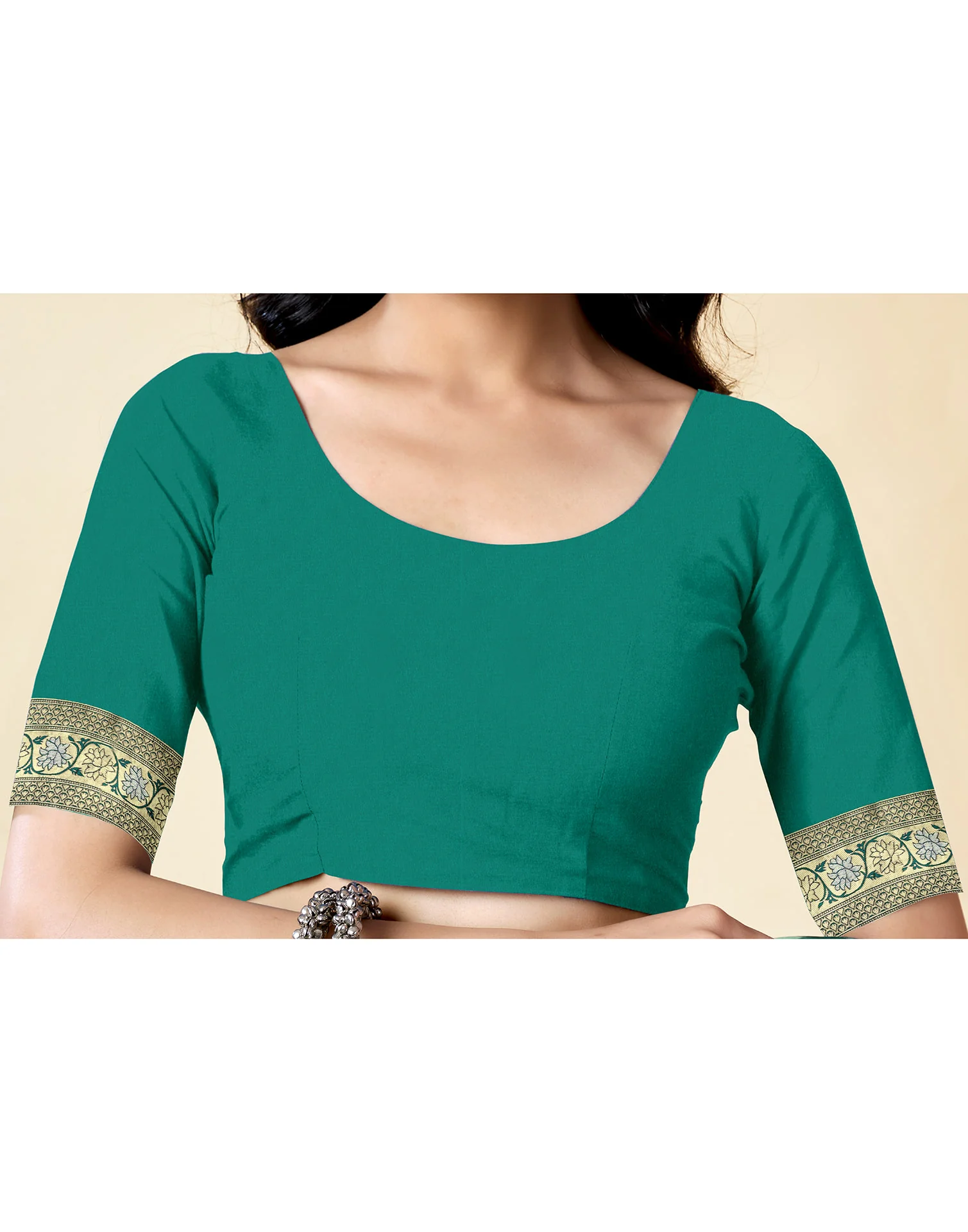 Teal Green Silk Woven Banarasi Saree - Image 7