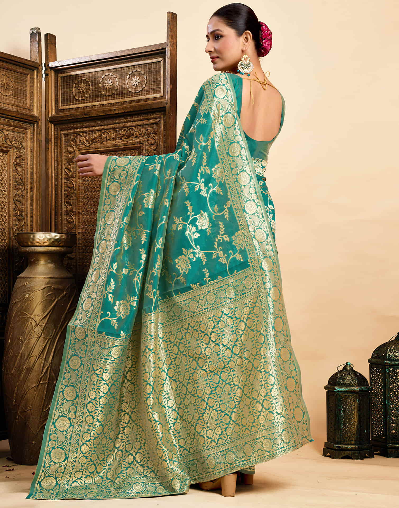 Teal Green Silk Woven Banarasi Saree - Image 5