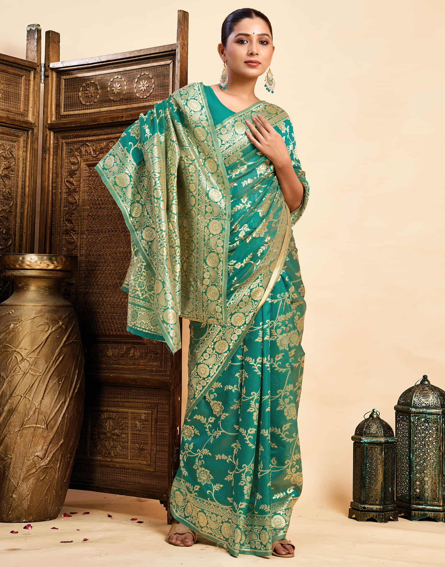 Teal Green Silk Woven Banarasi Saree - Image 6