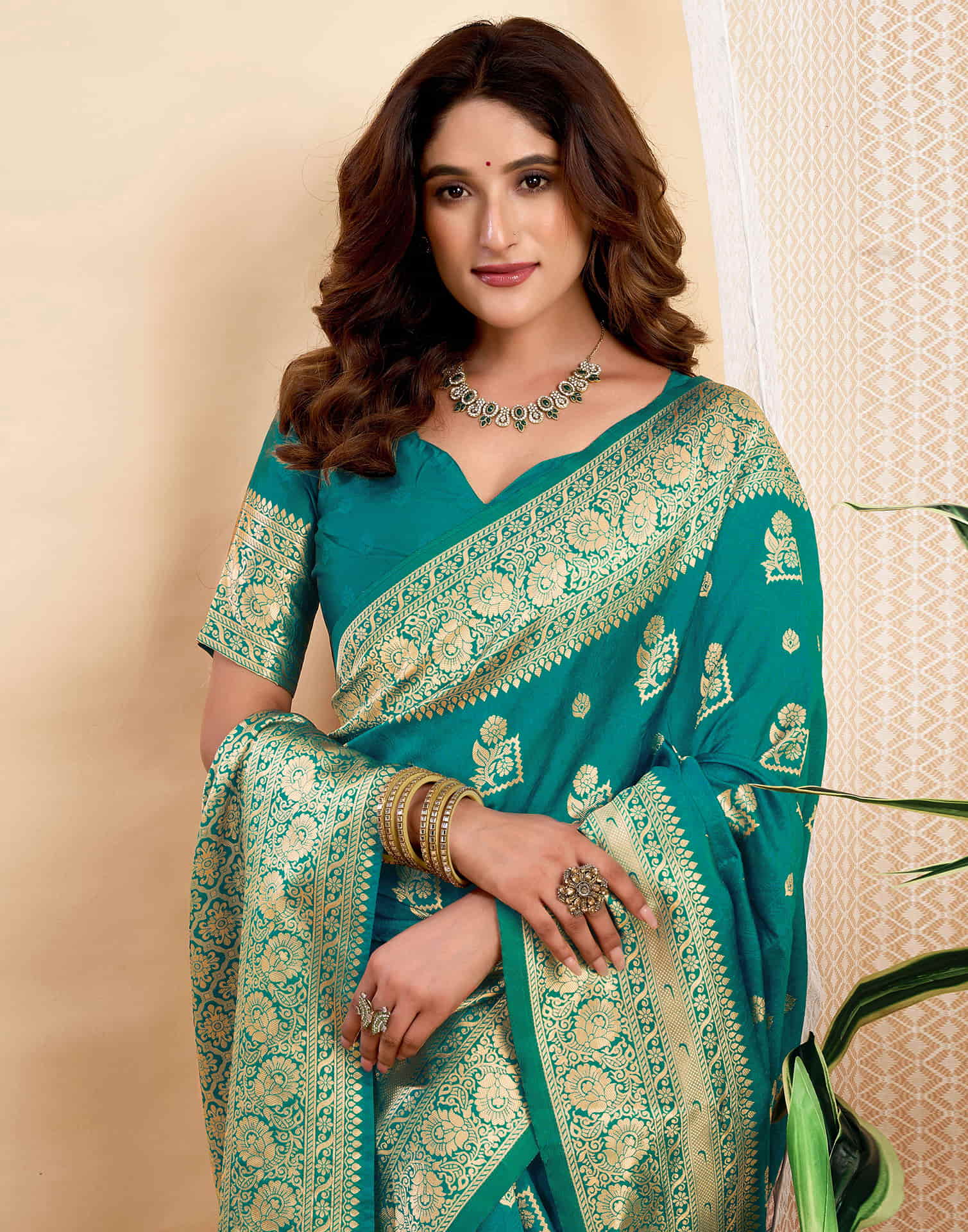 Teal Green Silk Woven Banarasi Saree - Image 2