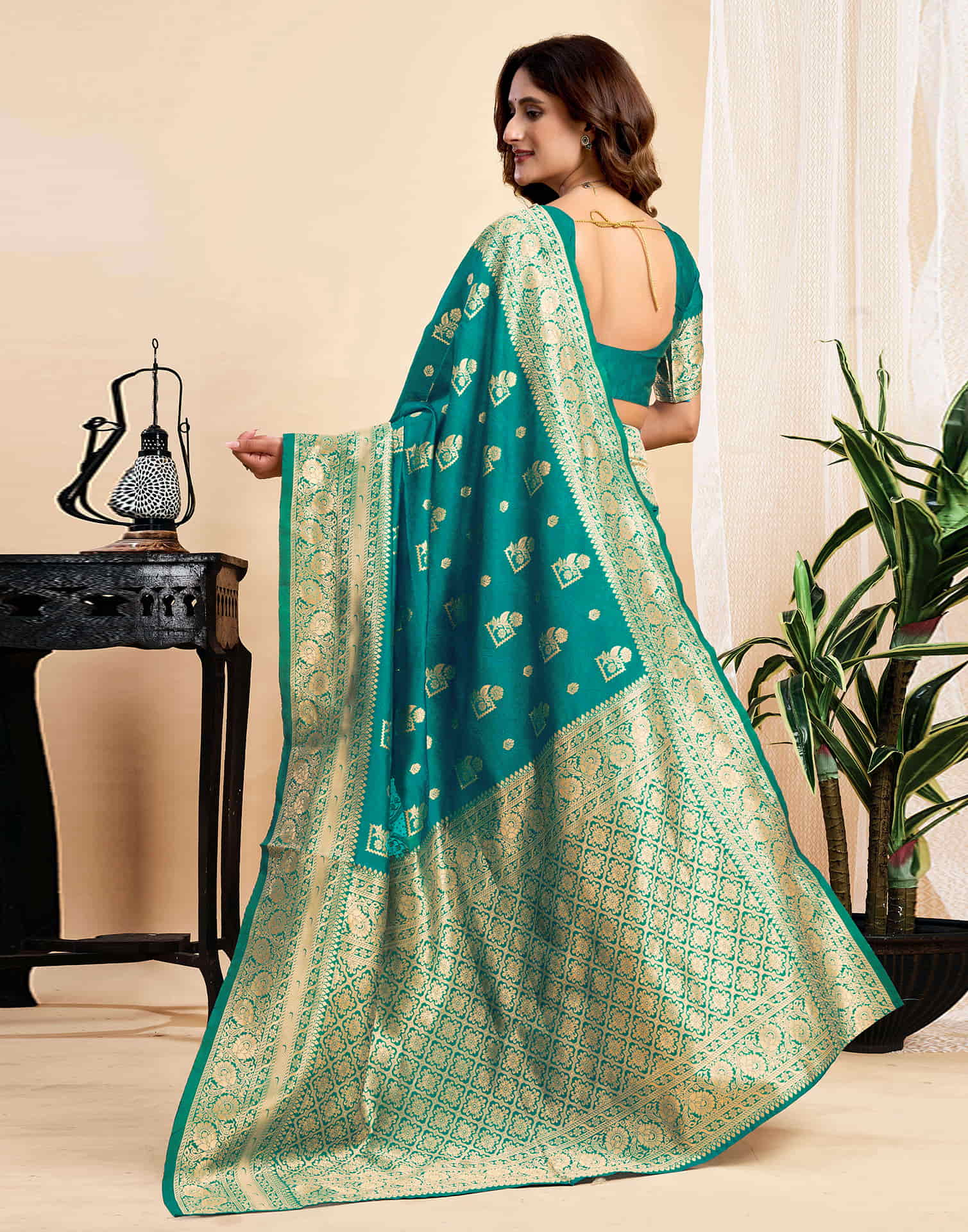 Teal Green Silk Woven Banarasi Saree - Image 6