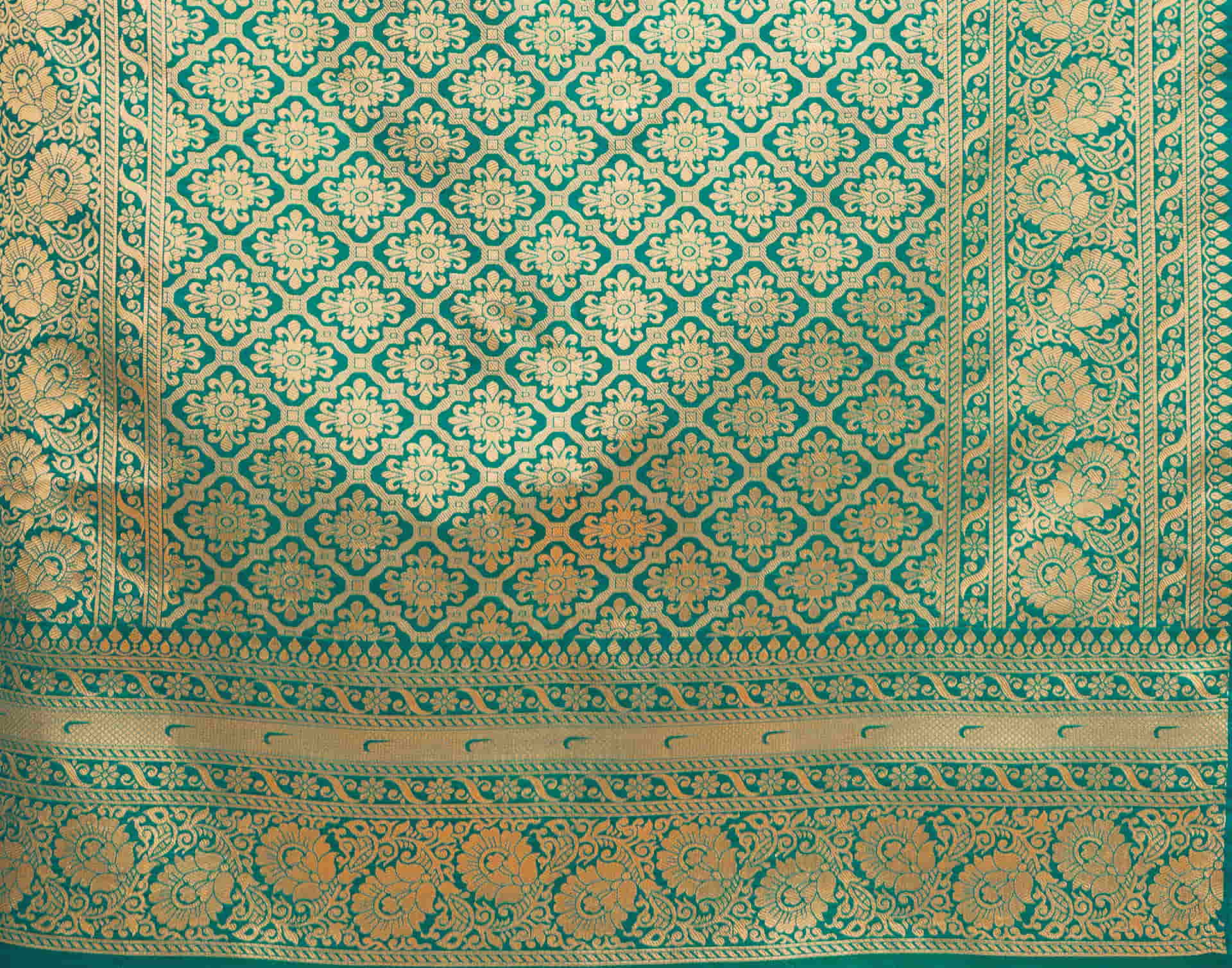 Teal Green Silk Woven Banarasi Saree - Image 8